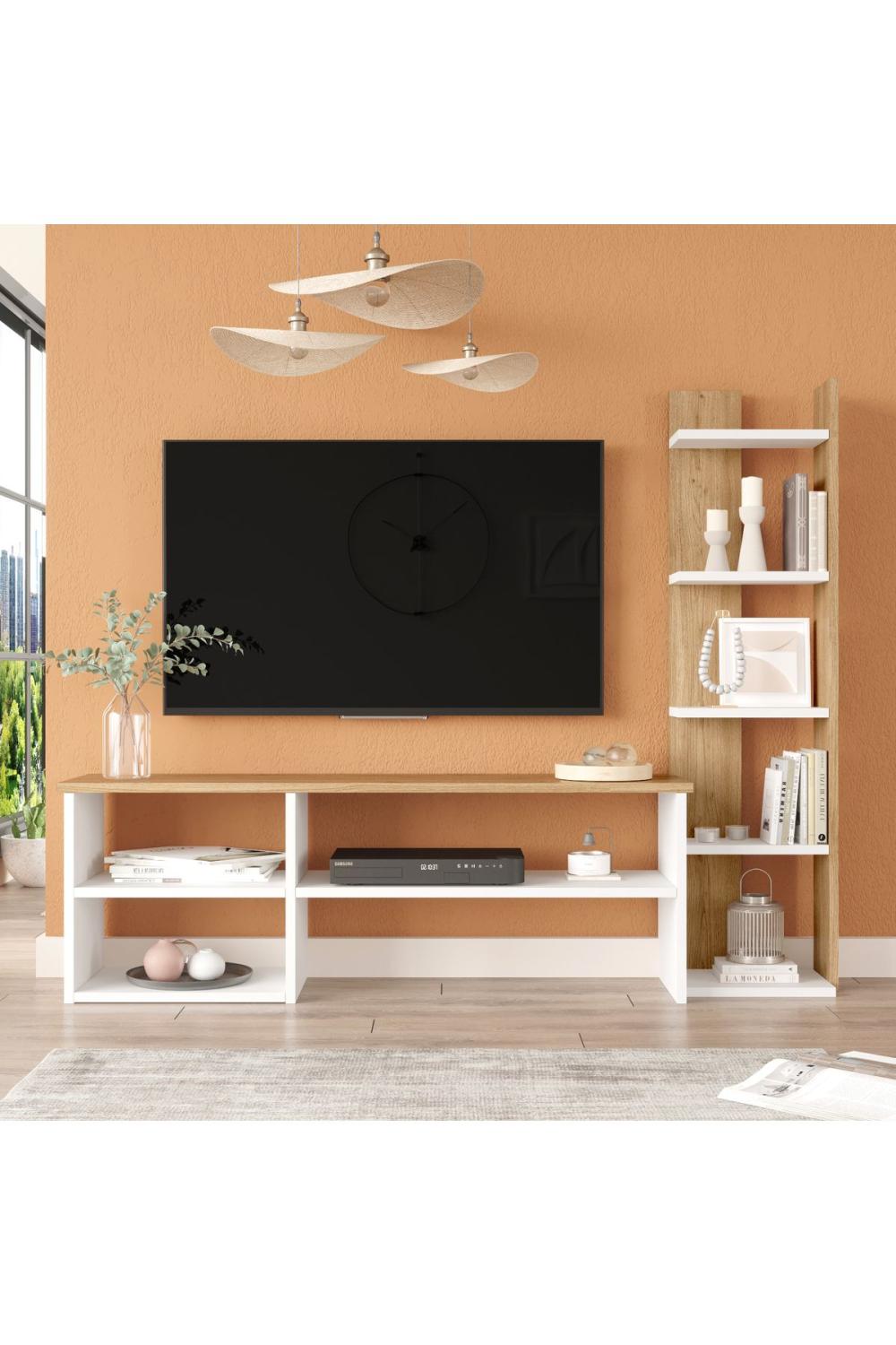 Meuble TV Dore avec Bibliothèque et Rangement – Blanc & Panier DOR2-WS