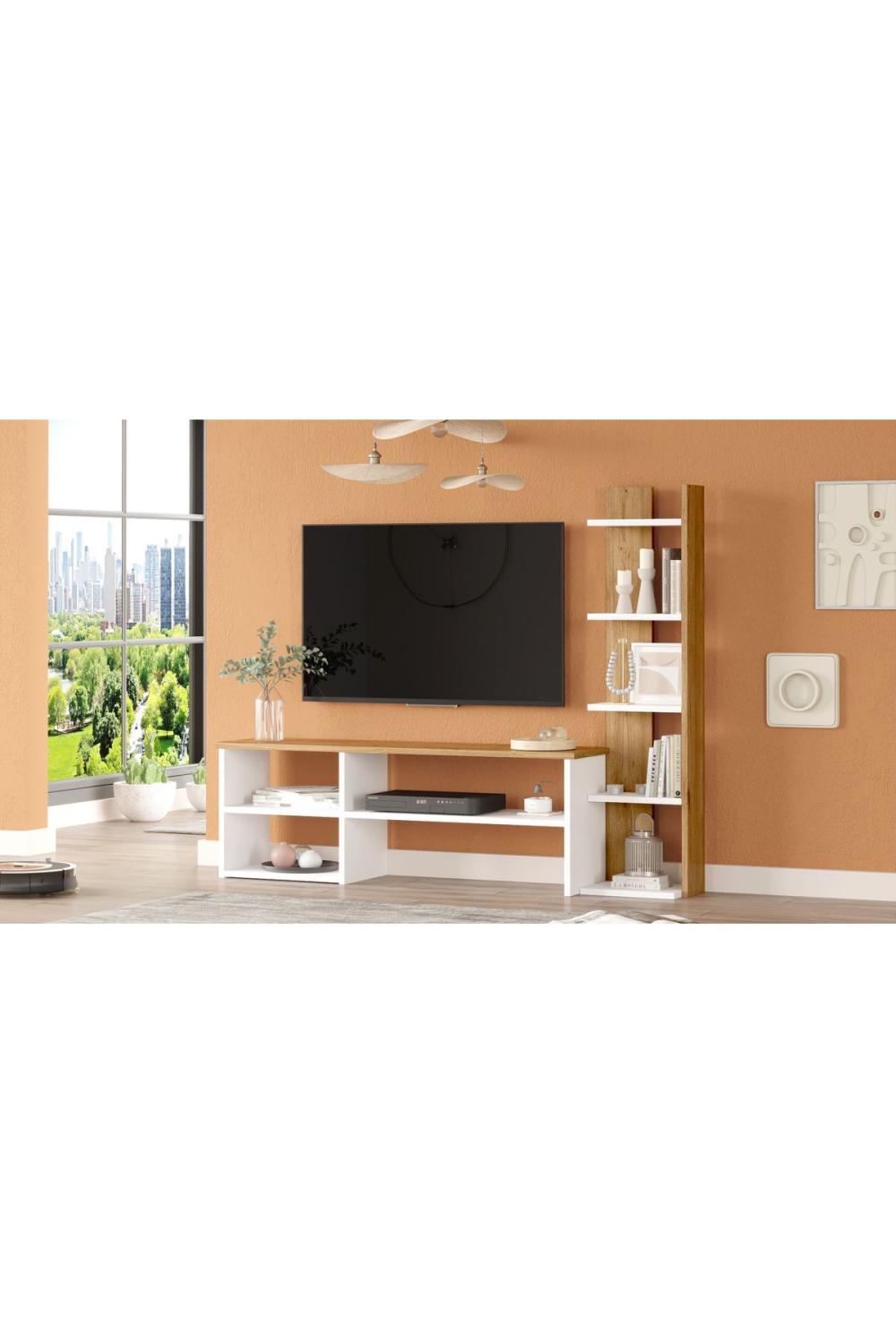 Meuble TV Dore avec Bibliothèque et Rangement – Blanc & Panier DOR2-WS