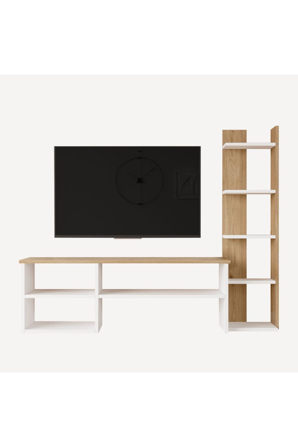 Meuble TV Dore avec Bibliothèque et Rangement – Blanc & Panier DOR2-WS