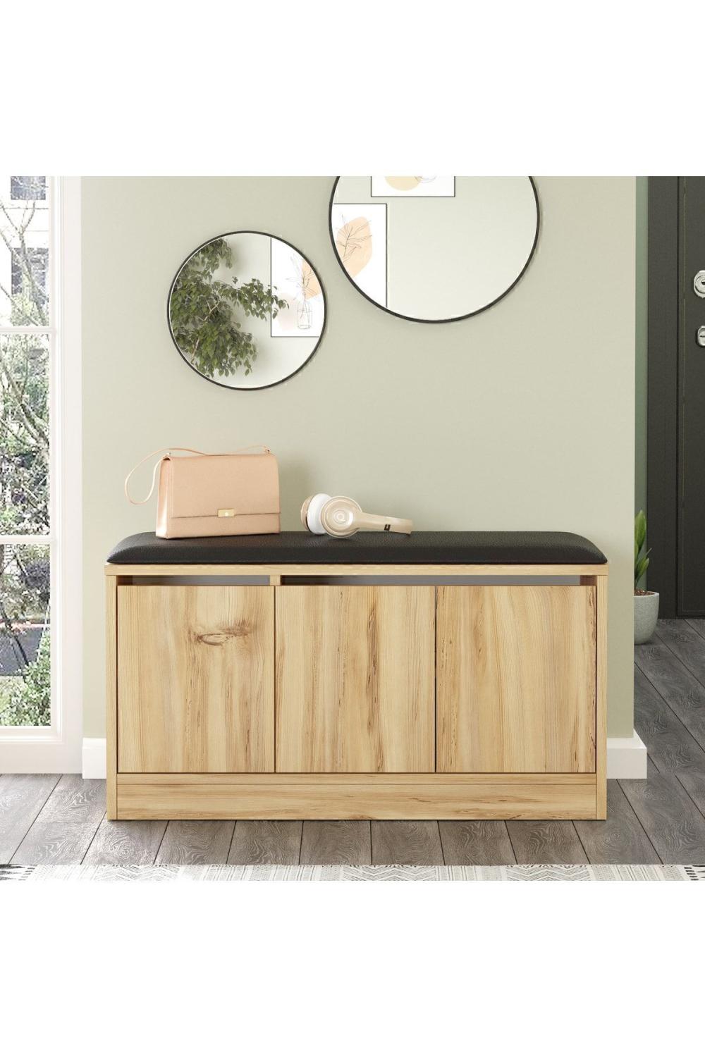 Meuble à Chaussures Elna avec Assise (Pouf), 3 Portes, 90 cm – Effet Feutre ELN2-KE