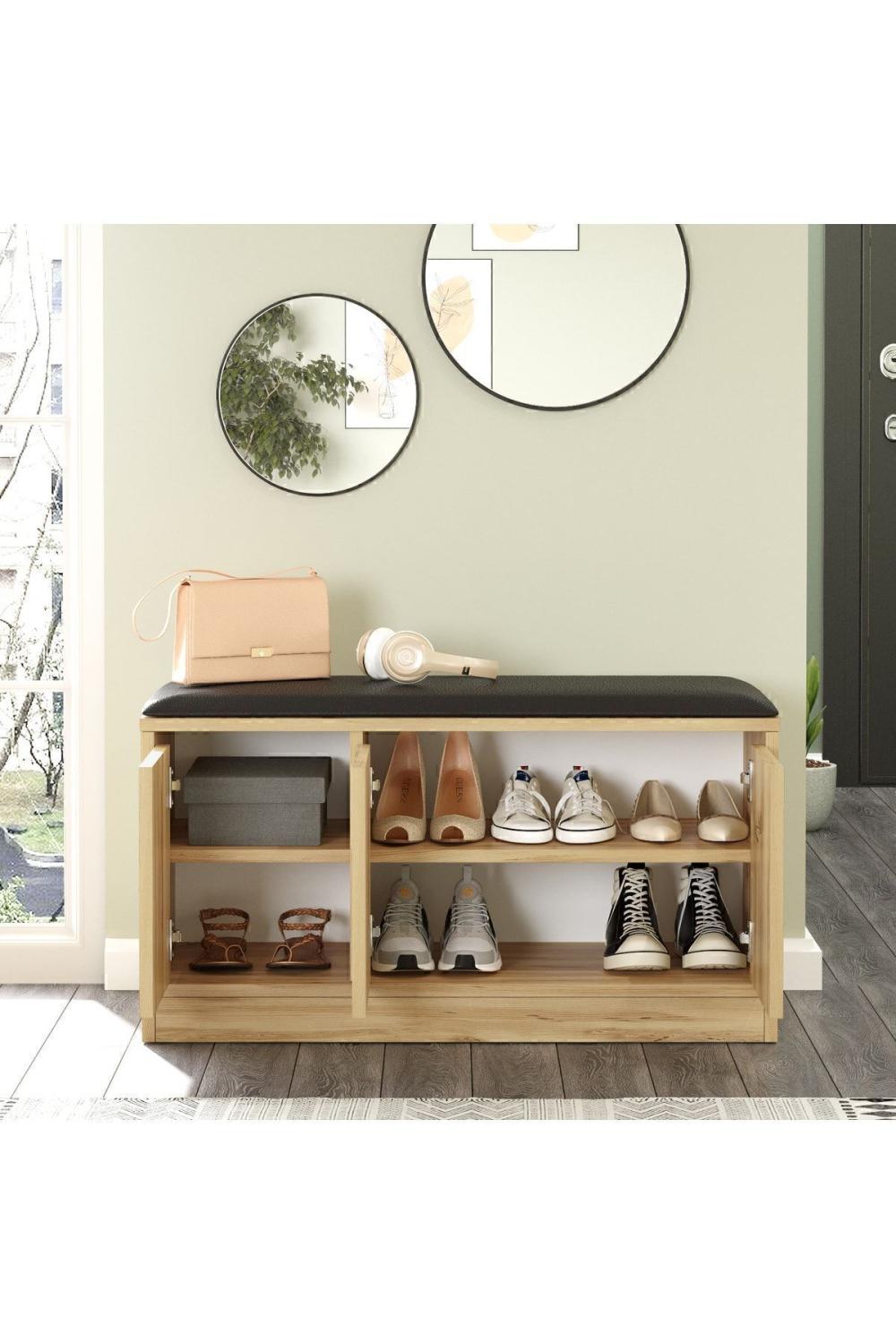 Meuble à Chaussures Elna avec Assise (Pouf), 3 Portes, 90 cm – Effet Feutre ELN2-KE