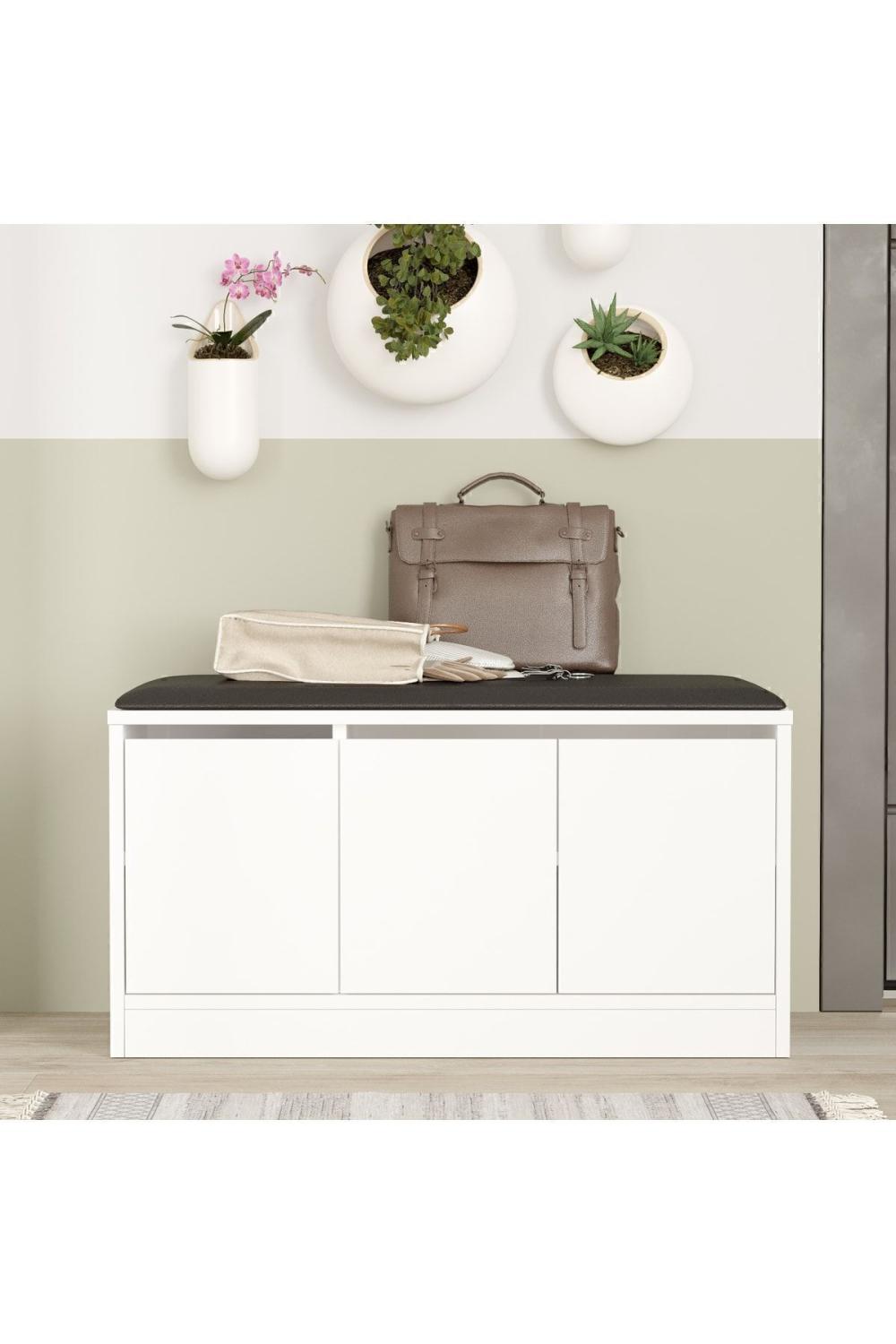 Meuble à Chaussures Elna avec Assise (Pouf), 3 Portes, 90 cm – Blanc ELN2-W