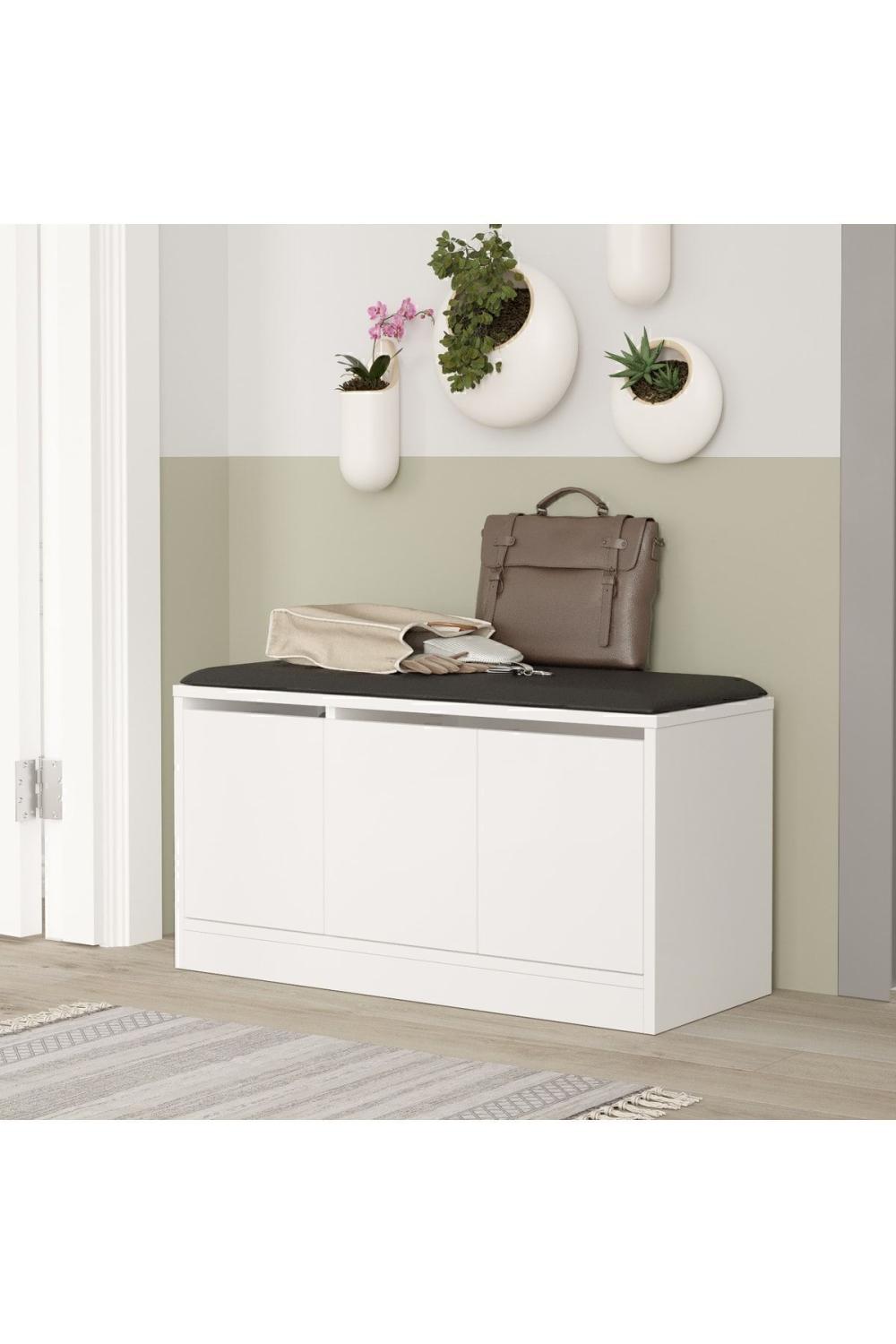 Meuble à Chaussures Elna avec Assise (Pouf), 3 Portes, 90 cm – Blanc ELN2-W