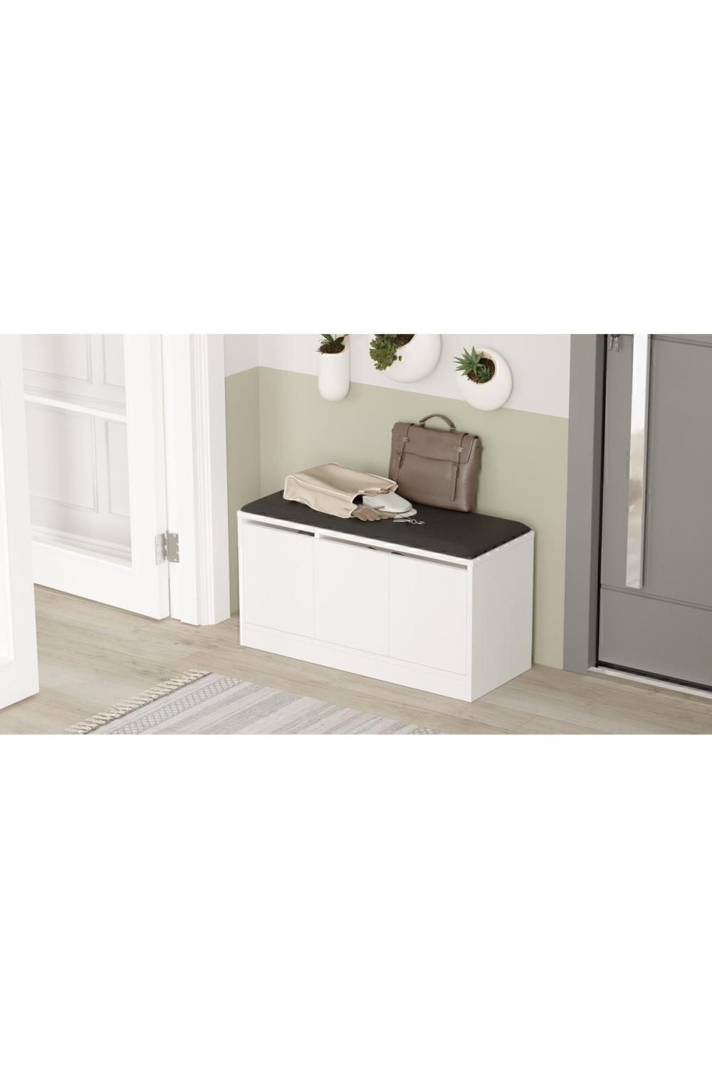 Meuble à Chaussures Elna avec Assise (Pouf), 3 Portes, 90 cm – Blanc ELN2-W