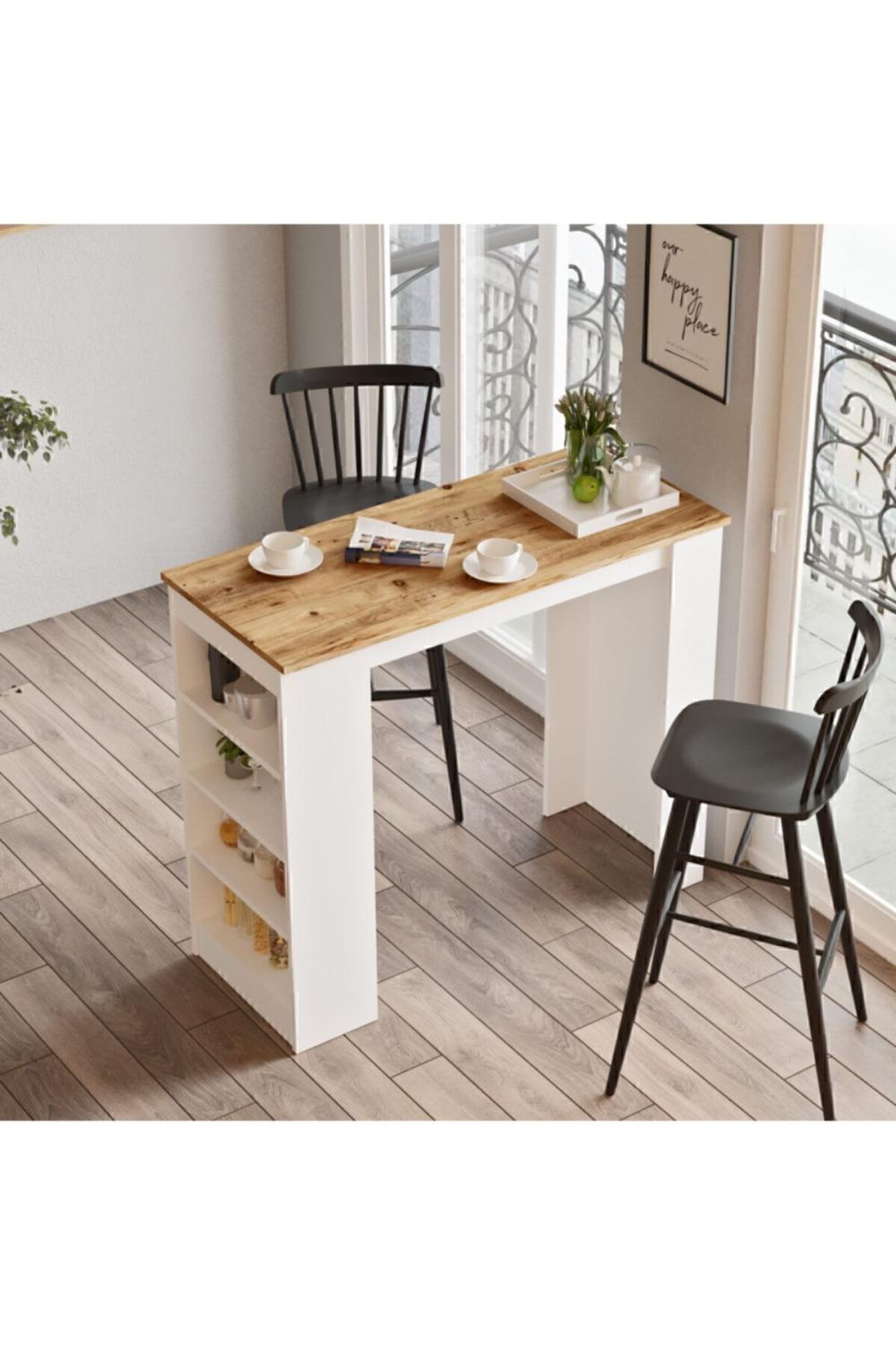 Table Haute Harwick 120 cm pour Cuisine / Salle à Manger – Pin Atlantique & Blanc HAR1-AW