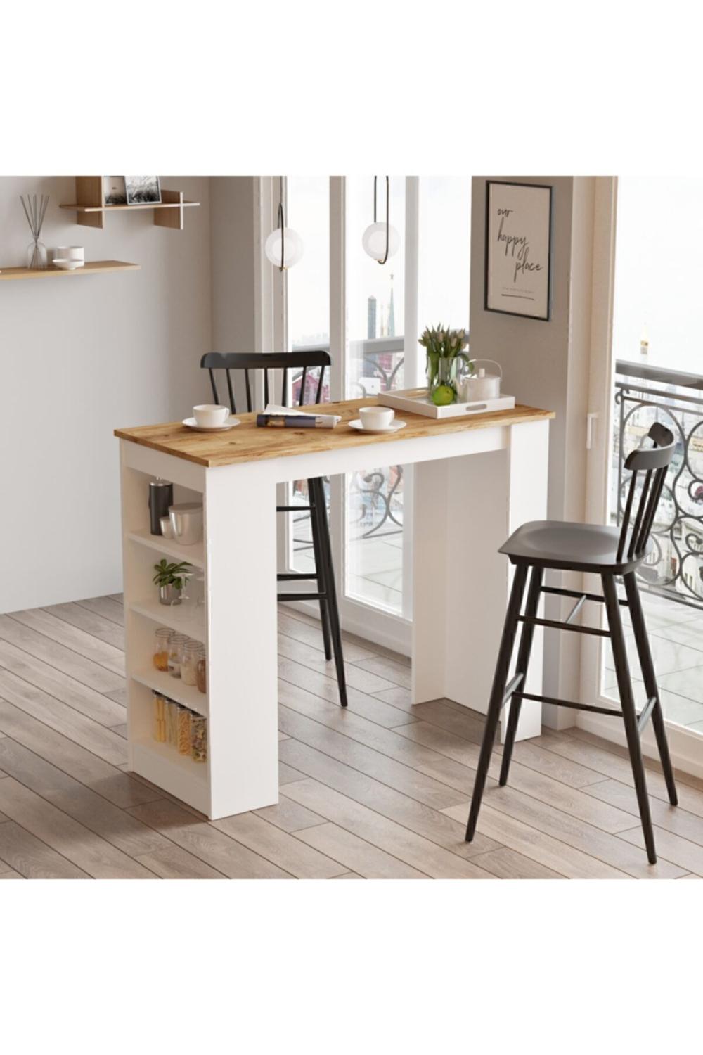 Table Haute Harwick 120 cm pour Cuisine / Salle à Manger – Pin Atlantique & Blanc HAR1-AW