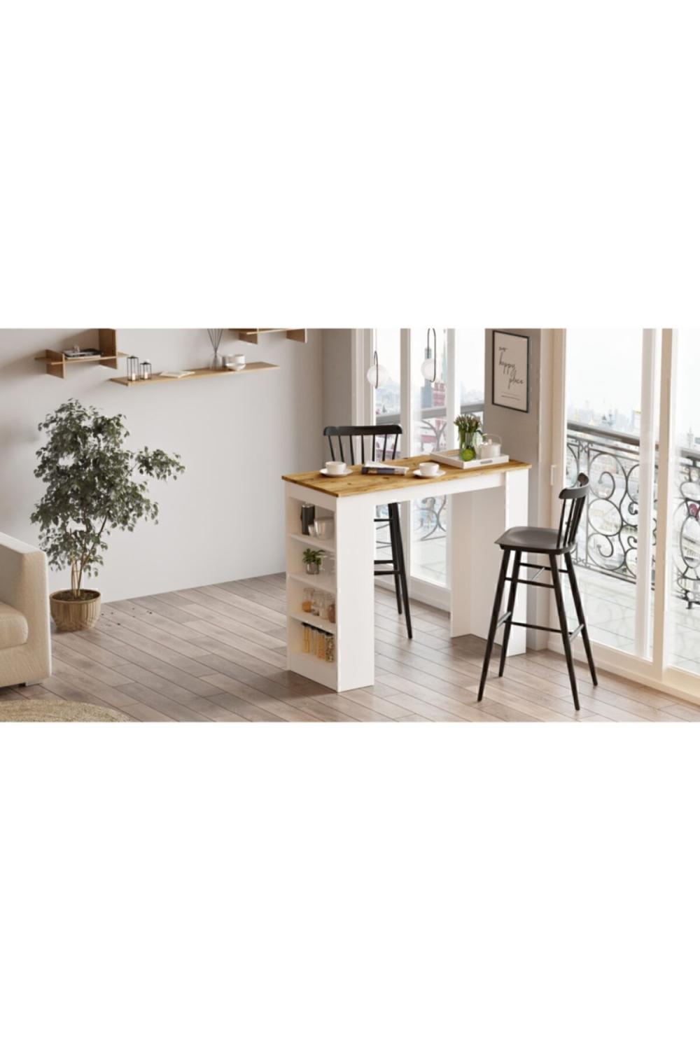Table Haute Harwick 120 cm pour Cuisine / Salle à Manger – Pin Atlantique & Blanc HAR1-AW
