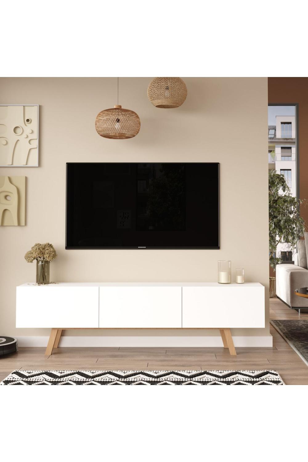 Meuble TV Jabari 180 cm avec 3 Portes et Pieds en Bois – Blanc JAB1-W