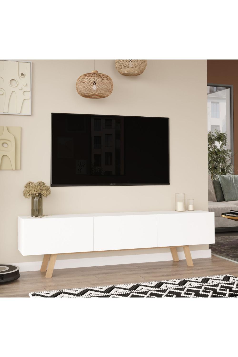 Meuble TV Jabari 180 cm avec 3 Portes et Pieds en Bois – Blanc JAB1-W