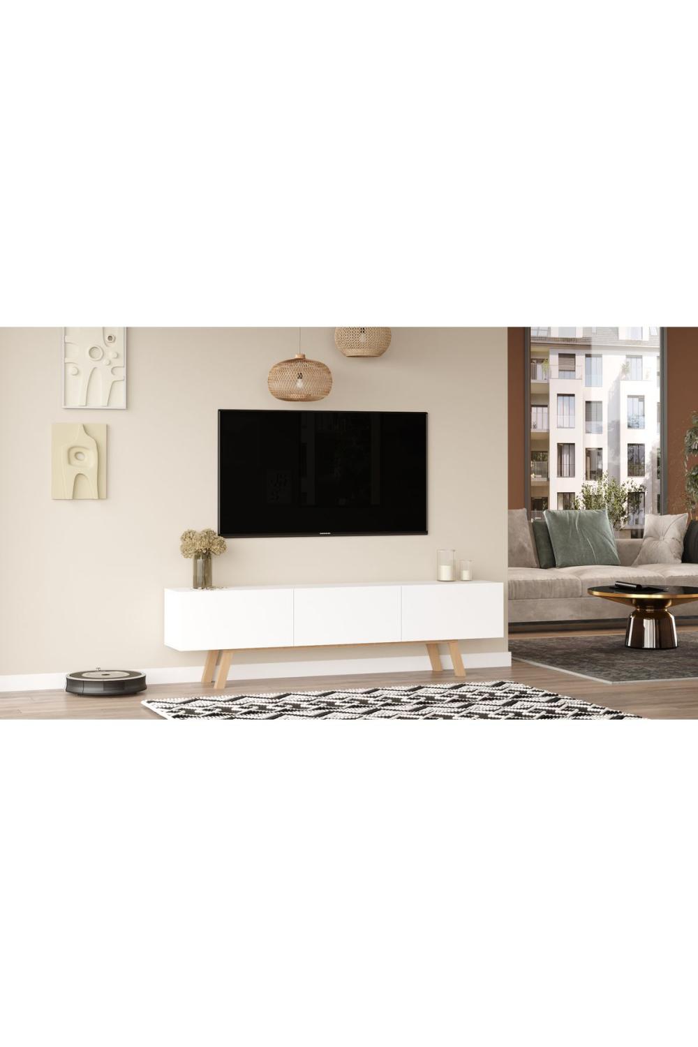 Meuble TV Jabari 180 cm avec 3 Portes et Pieds en Bois – Blanc JAB1-W