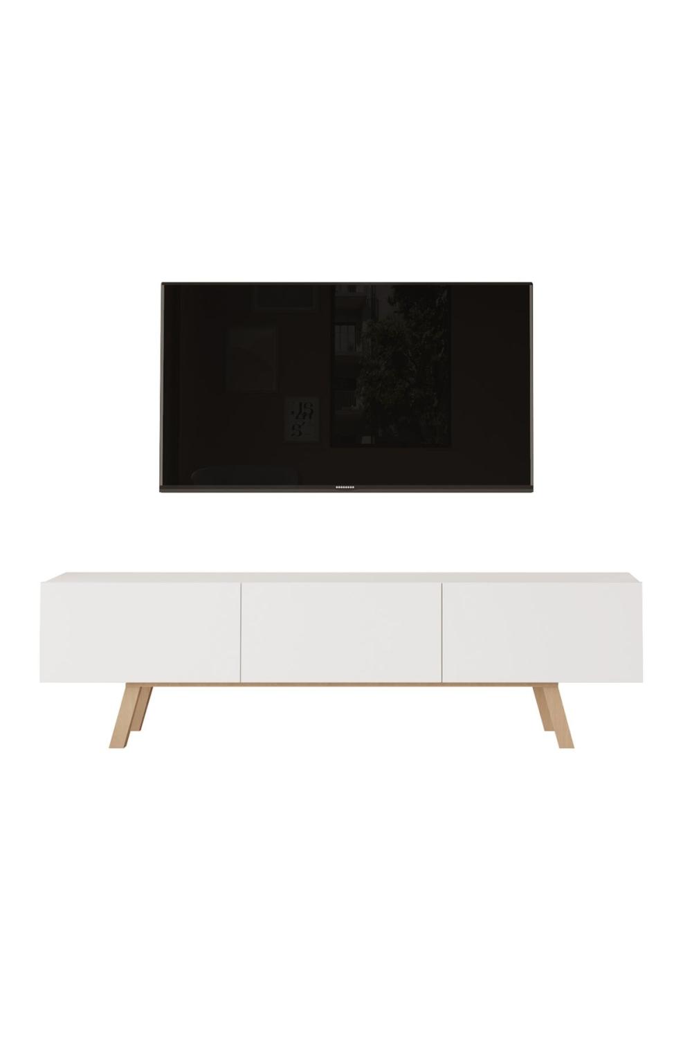 Meuble TV Jabari 180 cm avec 3 Portes et Pieds en Bois – Blanc JAB1-W