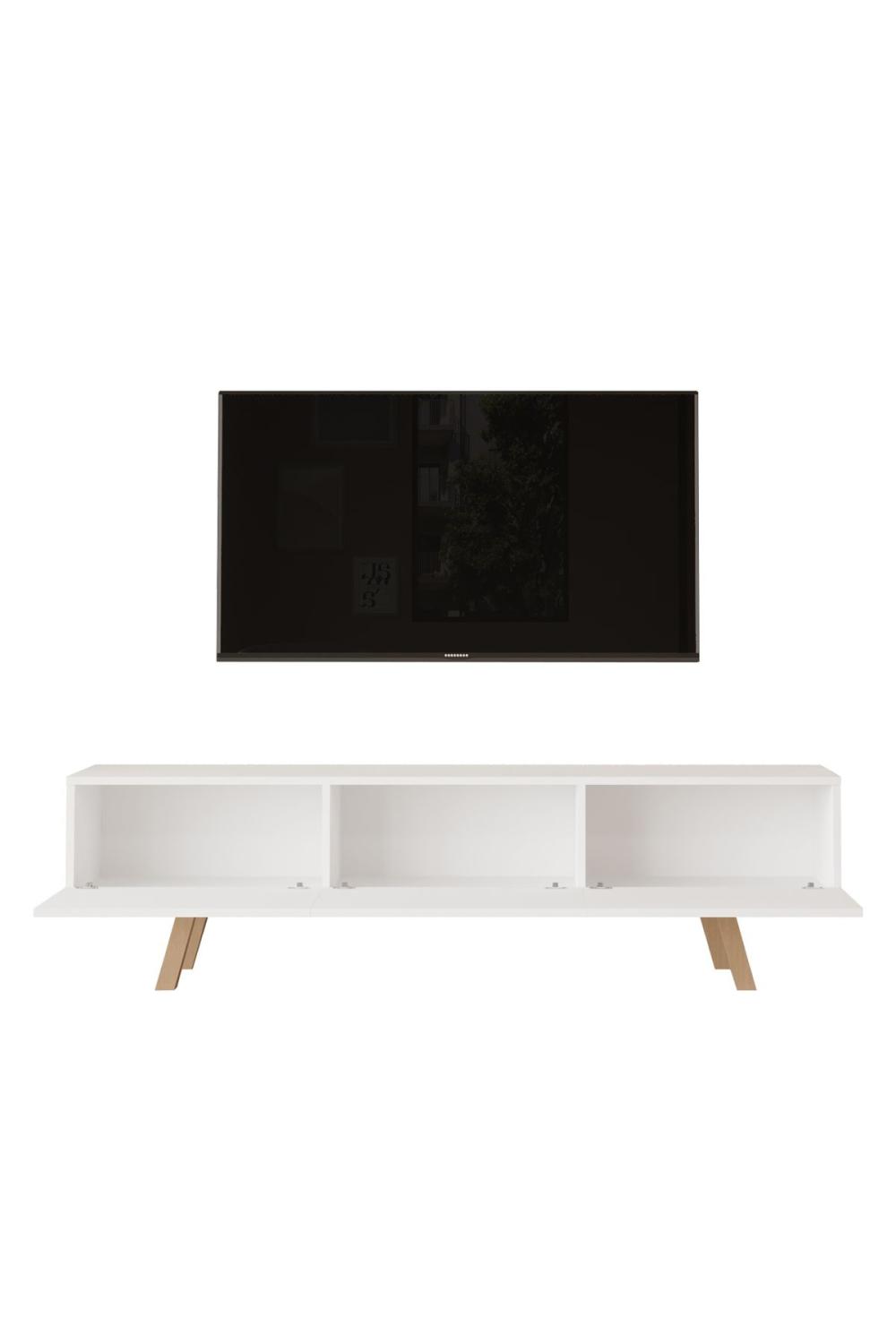 Meuble TV Jabari 180 cm avec 3 Portes et Pieds en Bois – Blanc JAB1-W