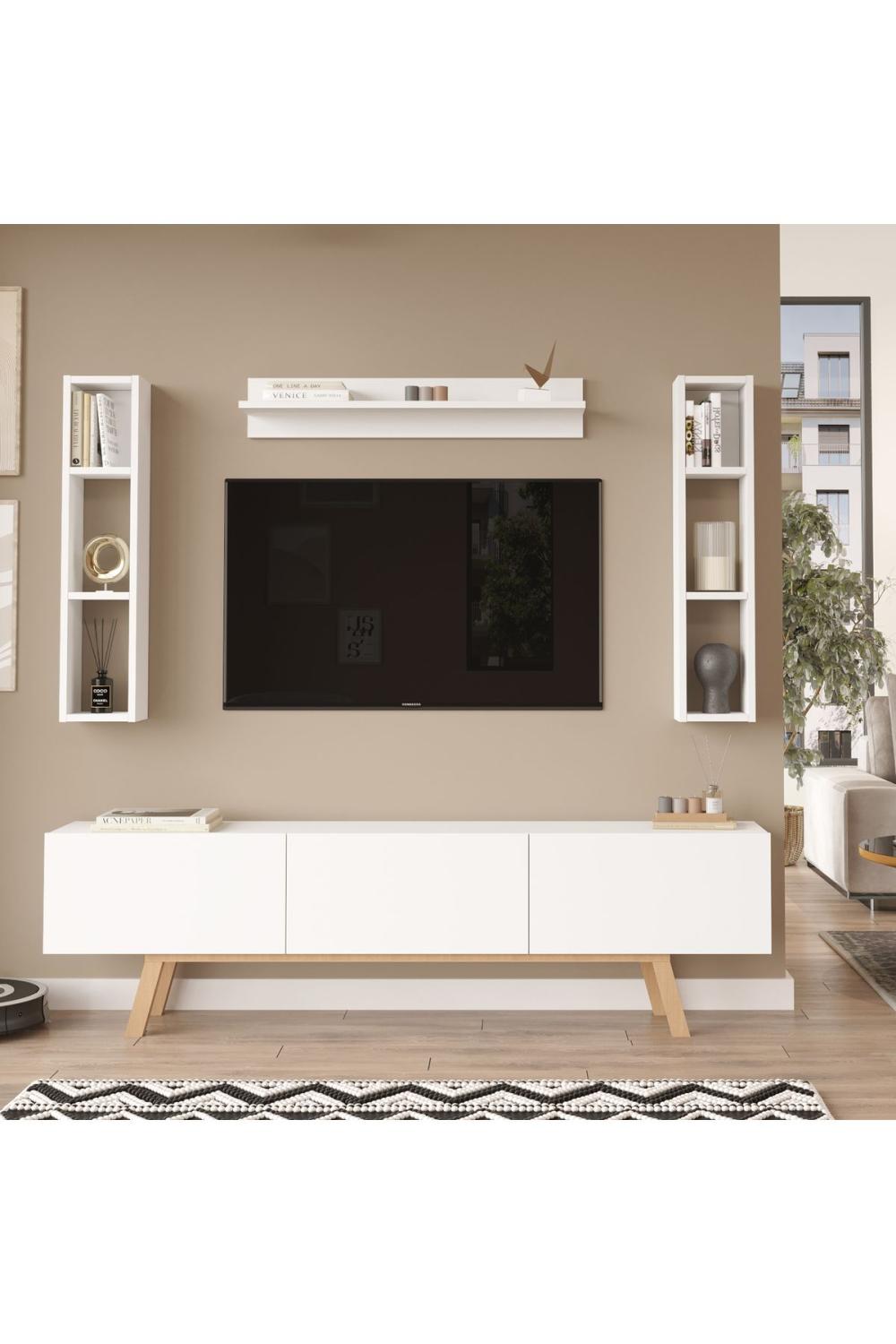 Jabari Meuble TV 180cm À étagères 3 Avec portes Ahşap Sur pieds Blanc JAB3-W