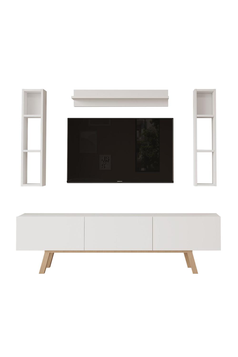 Jabari Meuble TV 180cm À étagères 3 Avec portes Ahşap Sur pieds Blanc JAB3-W