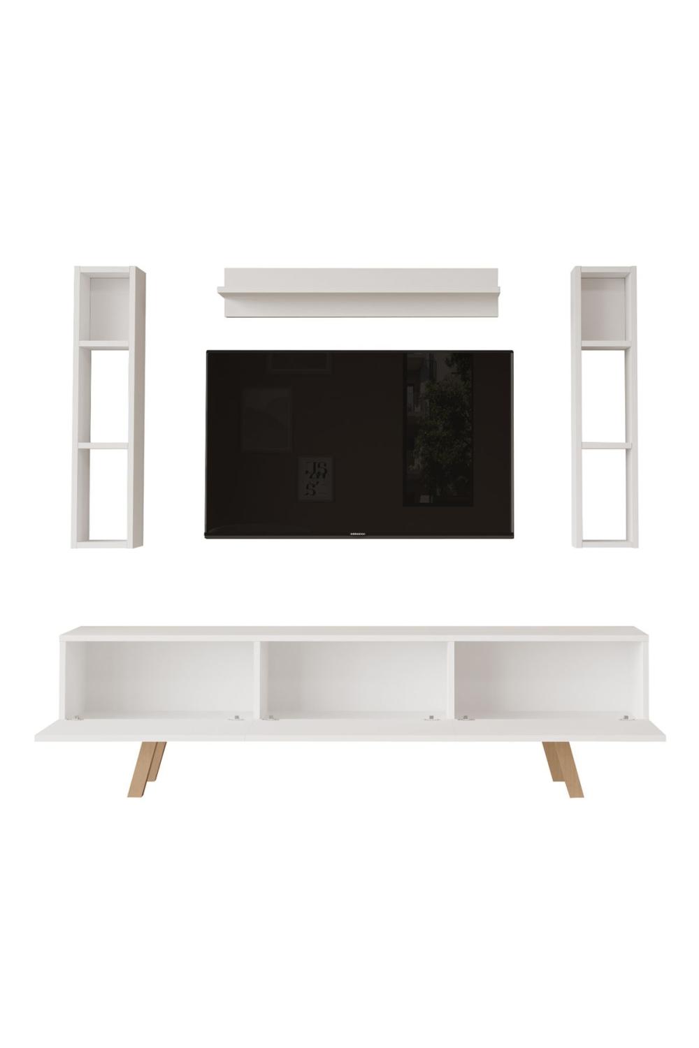 Jabari Meuble TV 180cm À étagères 3 Avec portes Ahşap Sur pieds Blanc JAB3-W