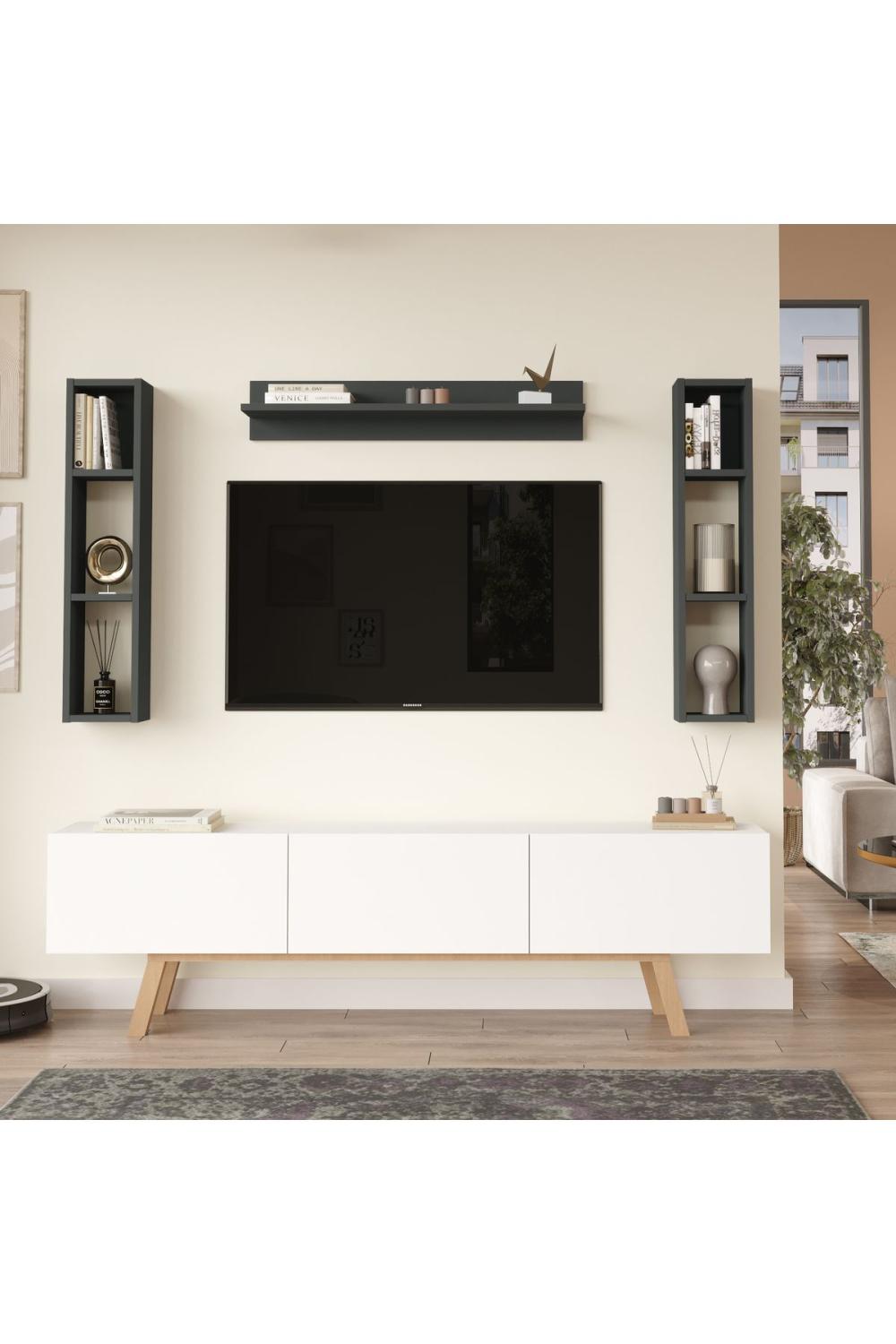 Jabari Meuble TV 180cm À étagères 3 Avec portes Ahşap Sur pieds Blanc-Anthracite JAB3-WAN