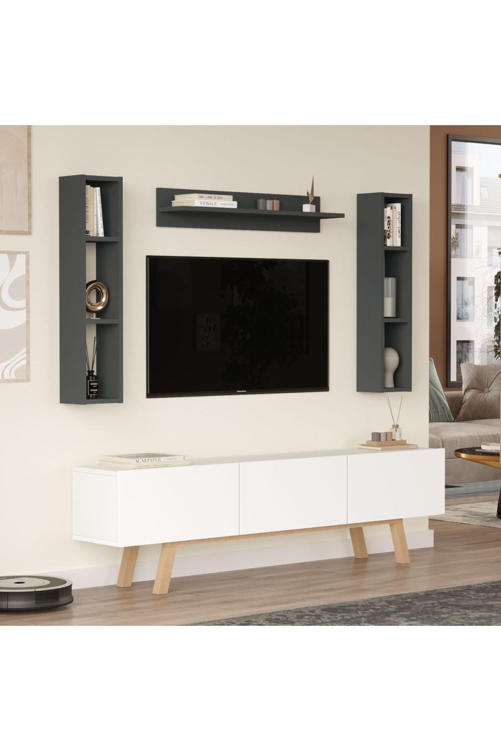 Jabari Meuble TV 180cm À étagères 3 Avec portes Ahşap Sur pieds Blanc-Anthracite JAB3-WAN