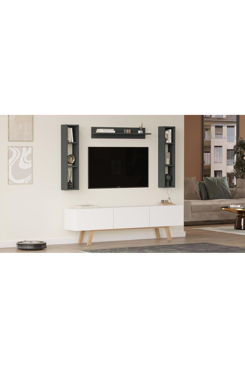 Jabari Meuble TV 180cm À étagères 3 Avec portes Ahşap Sur pieds Blanc-Anthracite JAB3-WAN