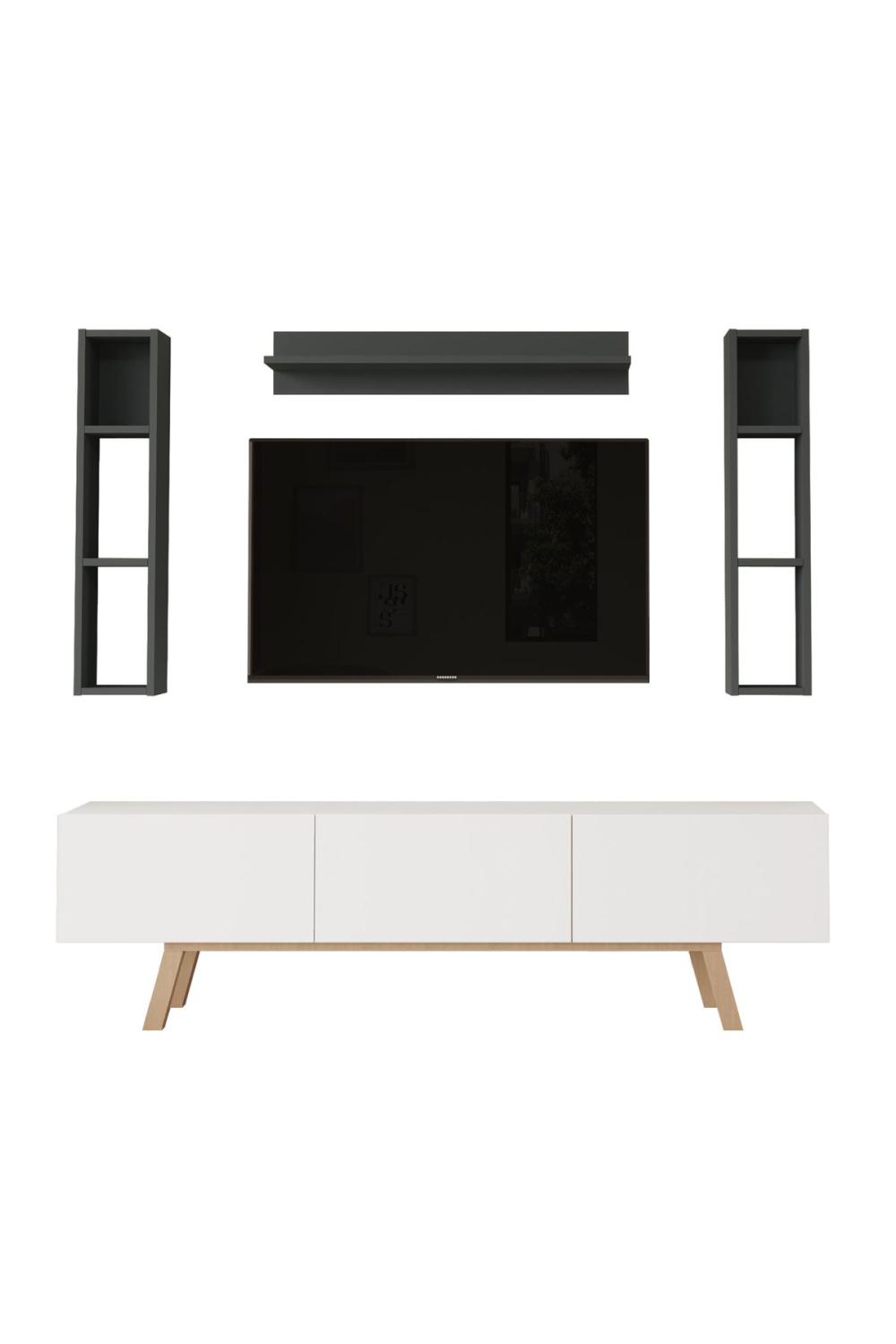 Jabari Meuble TV 180cm À étagères 3 Avec portes Ahşap Sur pieds Blanc-Anthracite JAB3-WAN