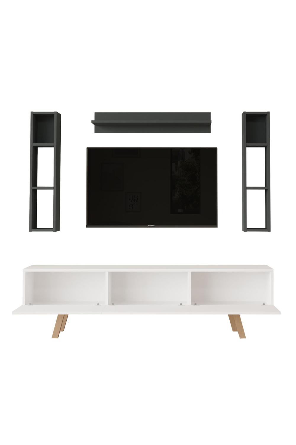 Jabari Meuble TV 180cm À étagères 3 Avec portes Ahşap Sur pieds Blanc-Anthracite JAB3-WAN