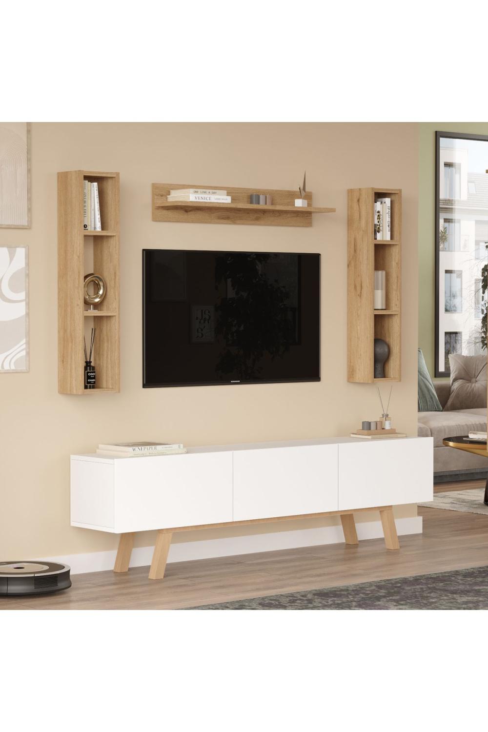 Jabari Meuble TV 180cm À étagères 3 Avec portes Ahşap Sur pieds Blanc-Panier JAB3-WS