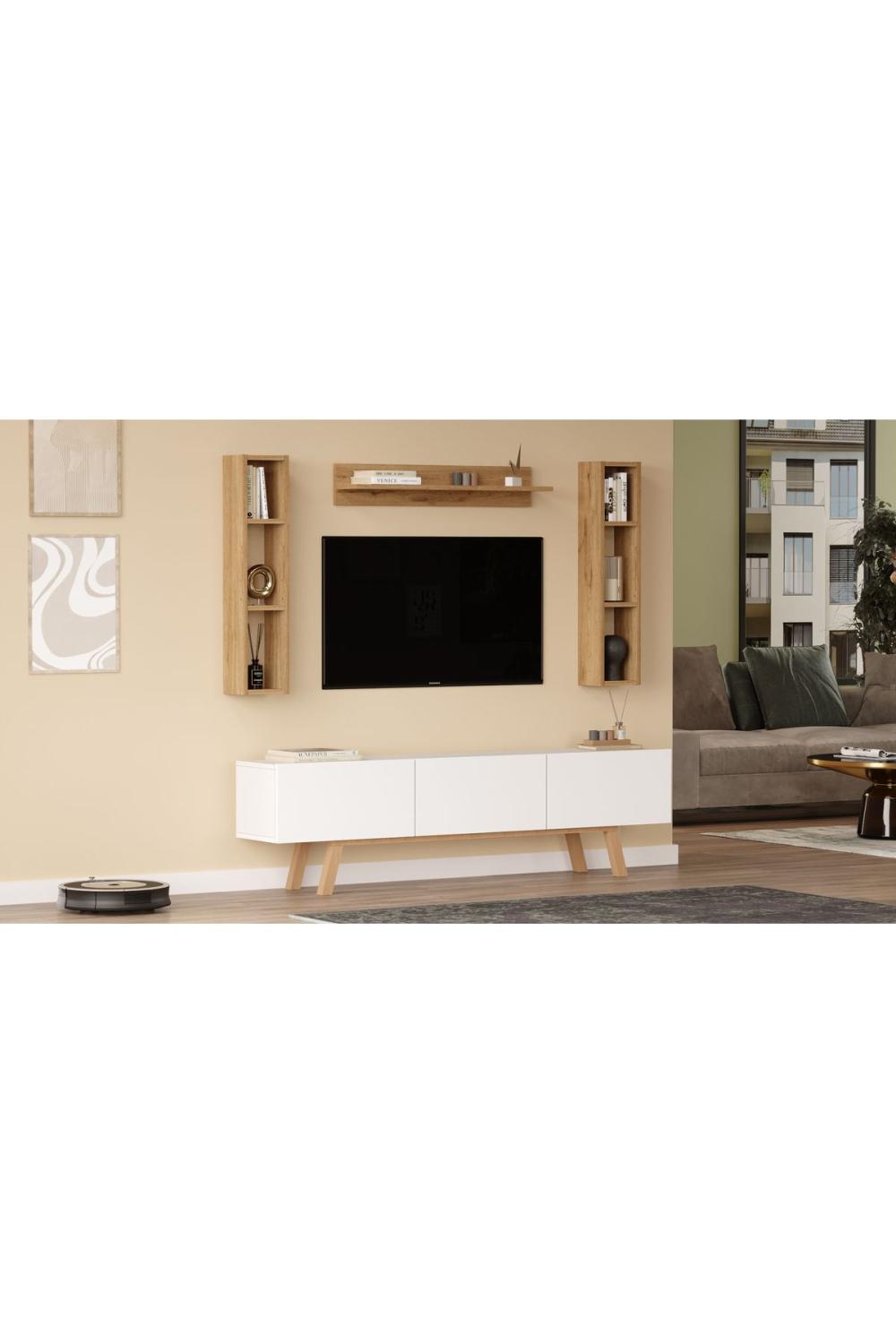 Jabari Meuble TV 180cm À étagères 3 Avec portes Ahşap Sur pieds Blanc-Panier JAB3-WS