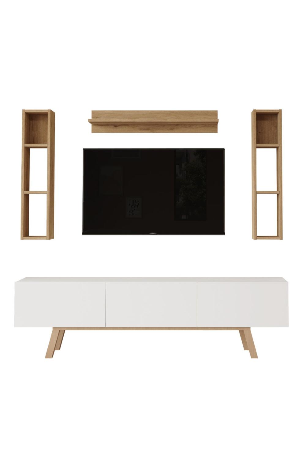 Jabari Meuble TV 180cm À étagères 3 Avec portes Ahşap Sur pieds Blanc-Panier JAB3-WS