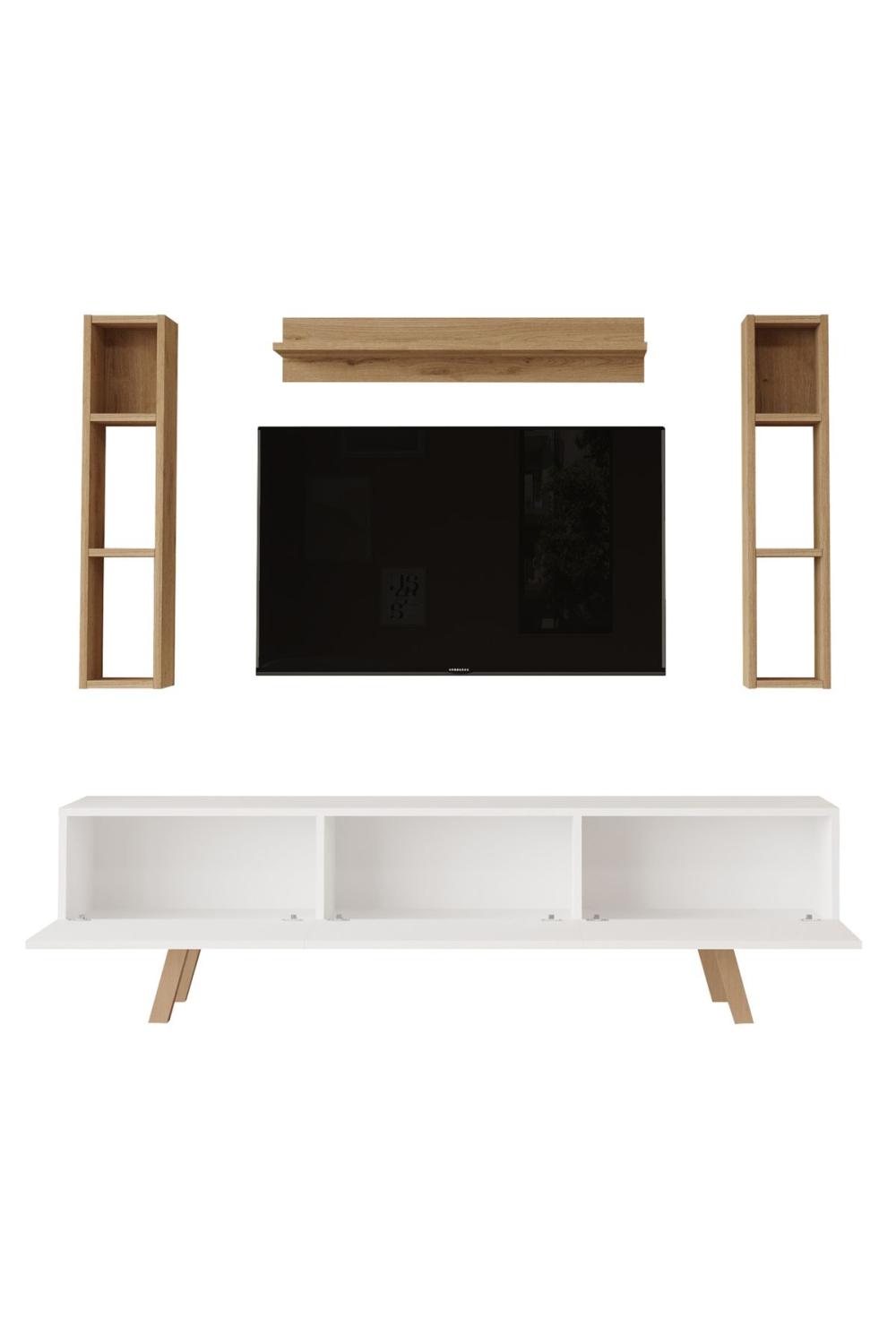 Jabari Meuble TV 180cm À étagères 3 Avec portes Ahşap Sur pieds Blanc-Panier JAB3-WS