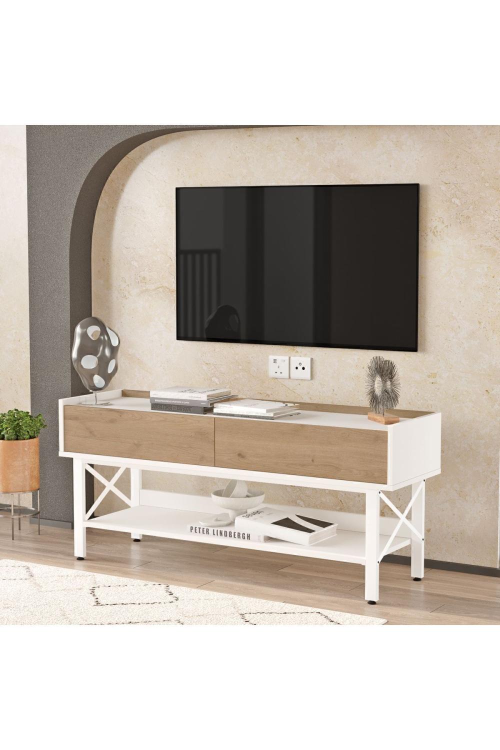 Jurina Meuble TV Table basse Blanc Métal Sur pieds 140cm Panier-Blanc JUR1-SW