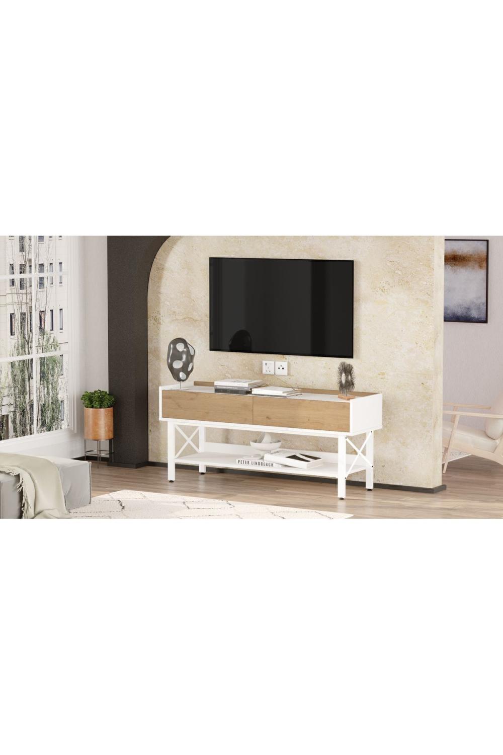 Jurina Meuble TV Table basse Blanc Métal Sur pieds 140cm Panier-Blanc JUR1-SW
