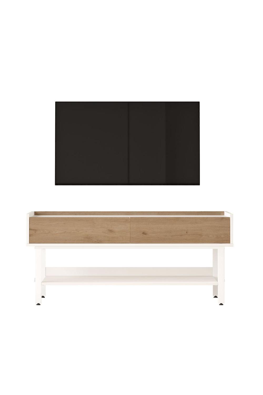 Jurina Meuble TV Table basse Blanc Métal Sur pieds 140cm Panier-Blanc JUR1-SW