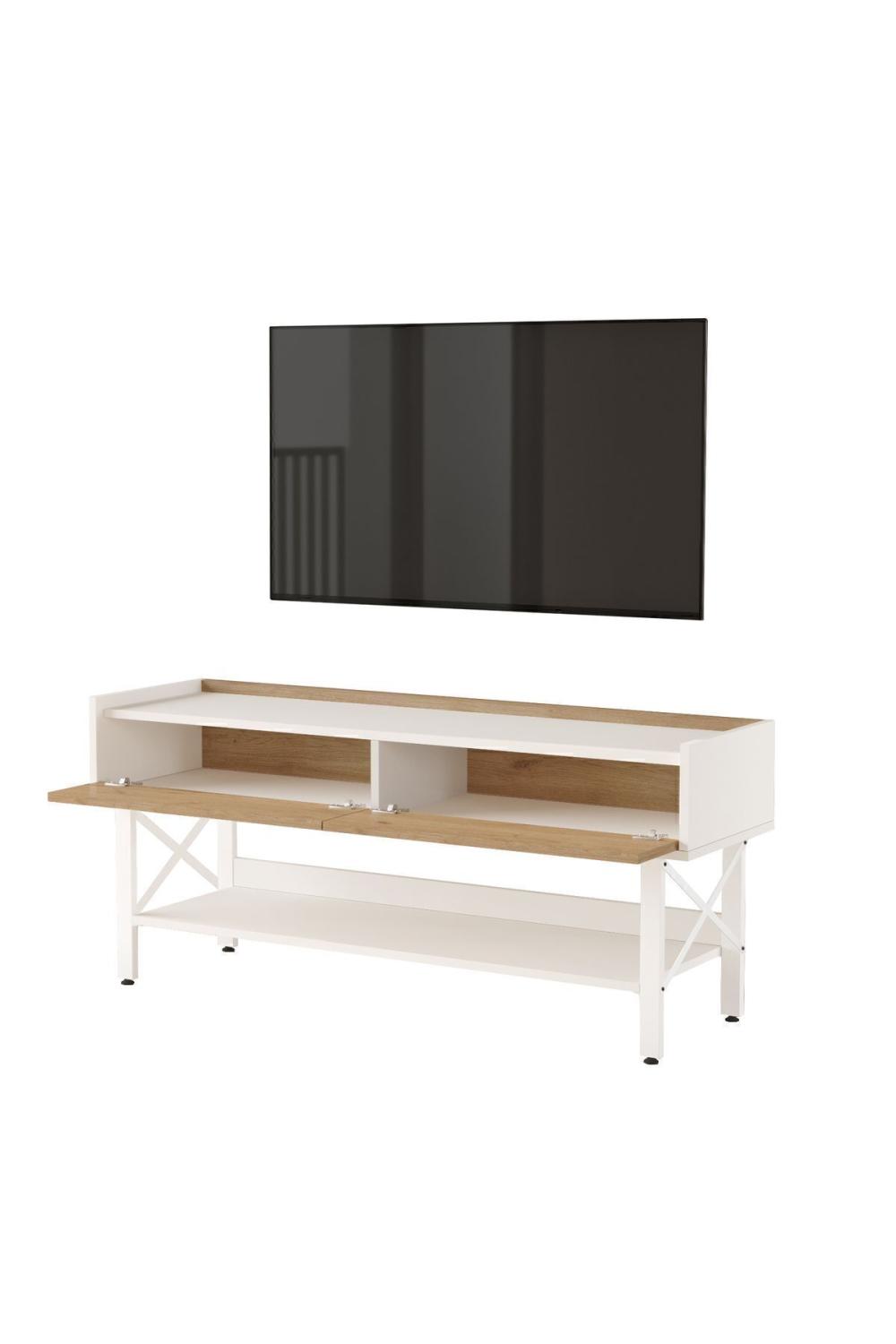 Jurina Meuble TV Table basse Blanc Métal Sur pieds 140cm Panier-Blanc JUR1-SW