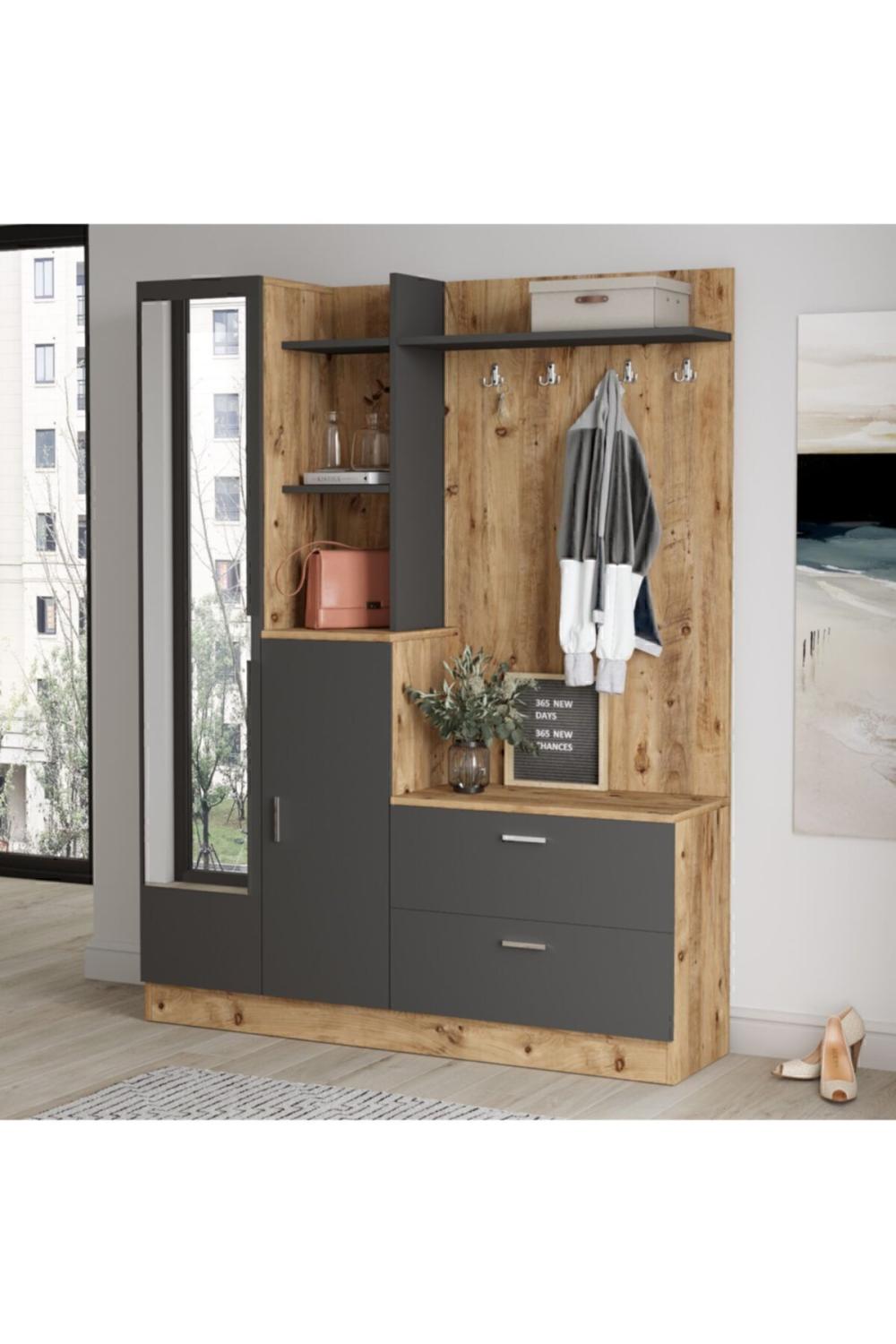Lidya Pin Anthracite Vestiaire Meuble à chaussures Portemanteau Avec miroir Étagère LID5-AA
