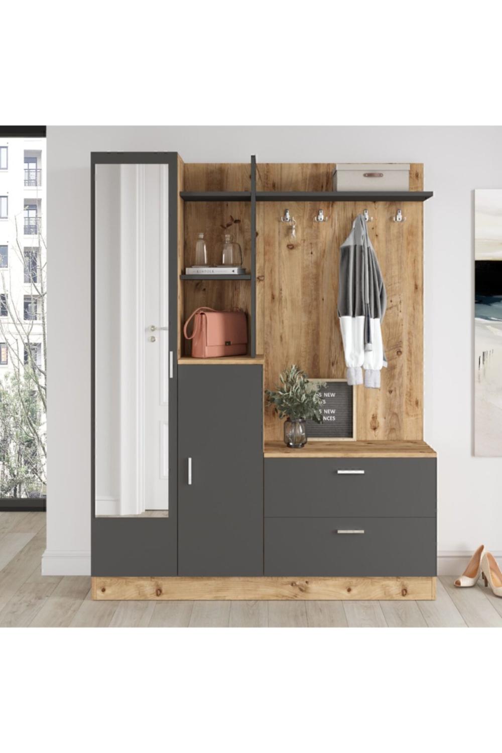Lidya Pin Anthracite Vestiaire Meuble à chaussures Portemanteau Avec miroir Étagère LID5-AA