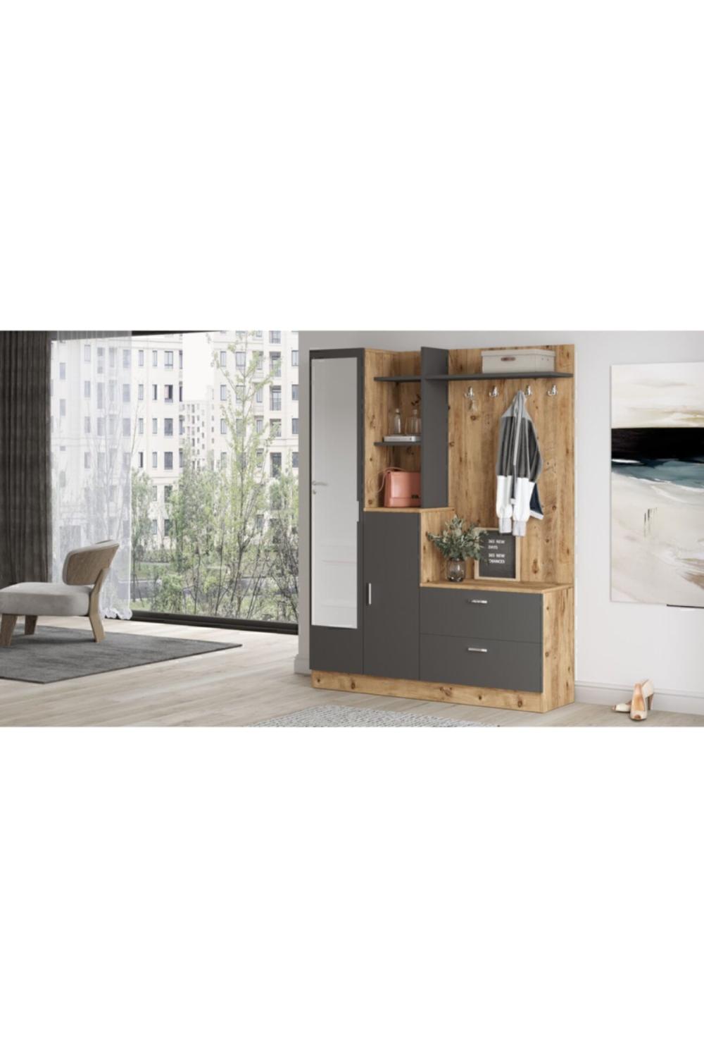 Lidya Pin Anthracite Vestiaire Meuble à chaussures Portemanteau Avec miroir Étagère LID5-AA