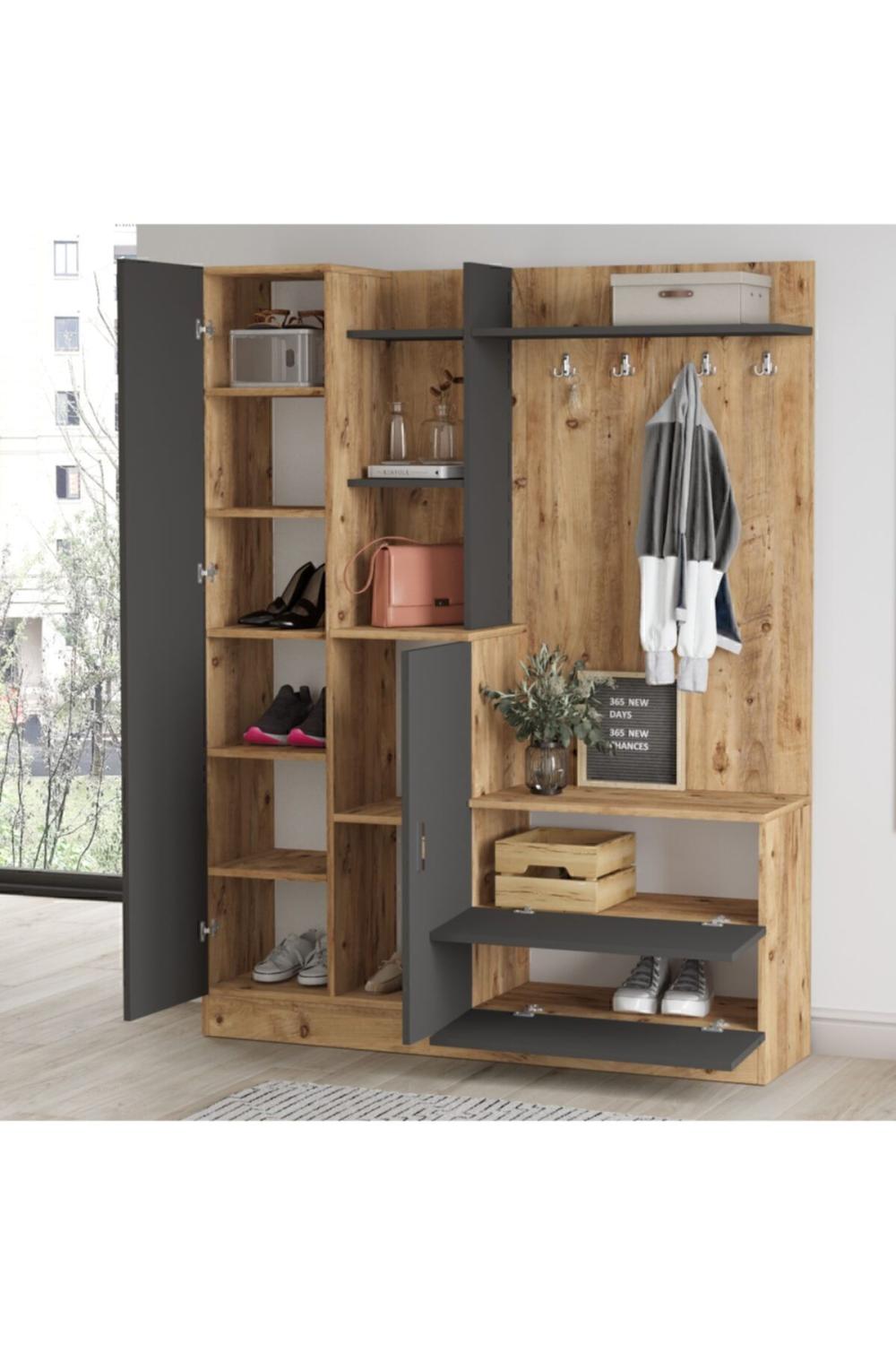 Lidya Pin Anthracite Vestiaire Meuble à chaussures Portemanteau Avec miroir Étagère LID5-AA