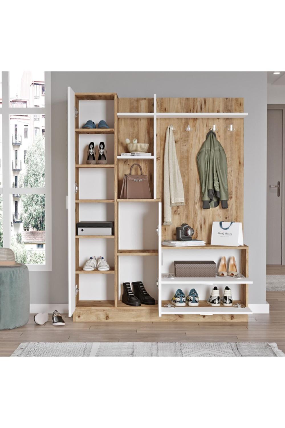 Lidya Vestiaire Meuble à chaussures Portemanteau Avec miroir Étagère Pin-Blanc LID5-AW