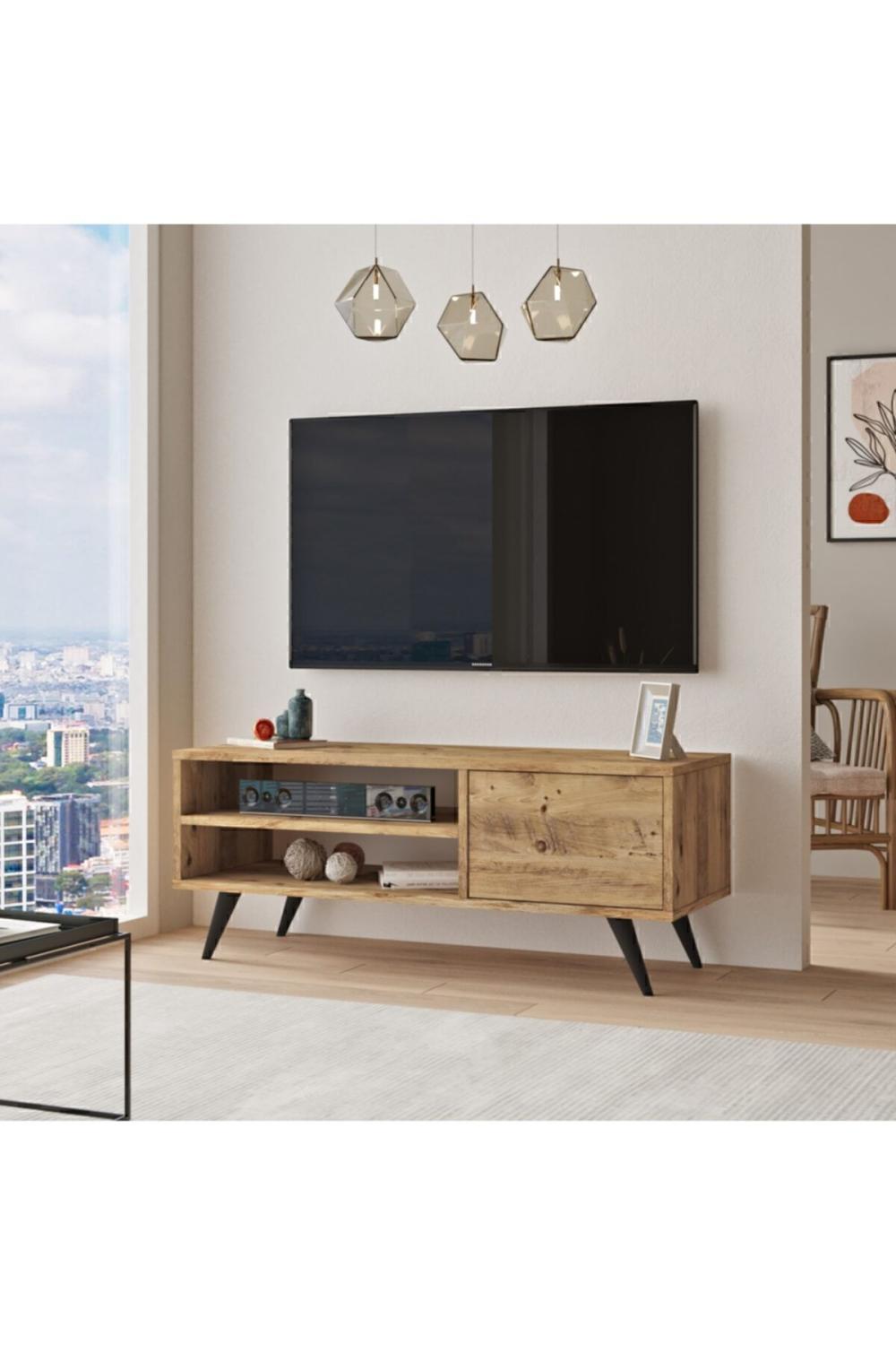 Meuble TV Luton 110 cm avec Pieds en Bois – Pin LUT1-A