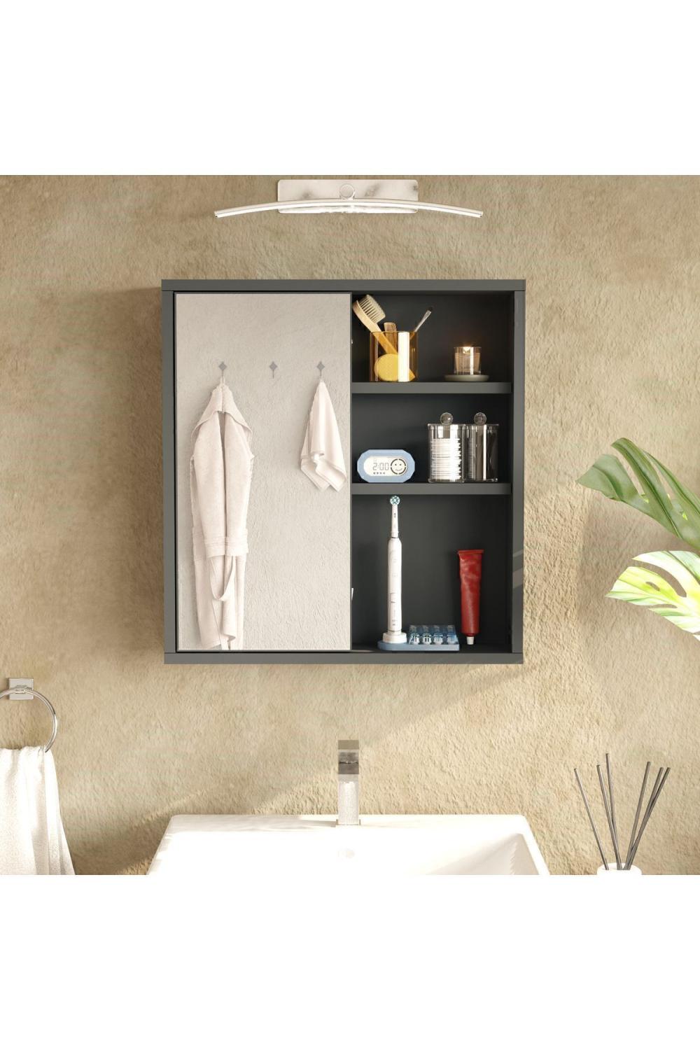 Marble Avec miroir Lavabo Üstü Salle de bain Armoire À étagères Avec portes 60cm Anthracite MAR1-AN