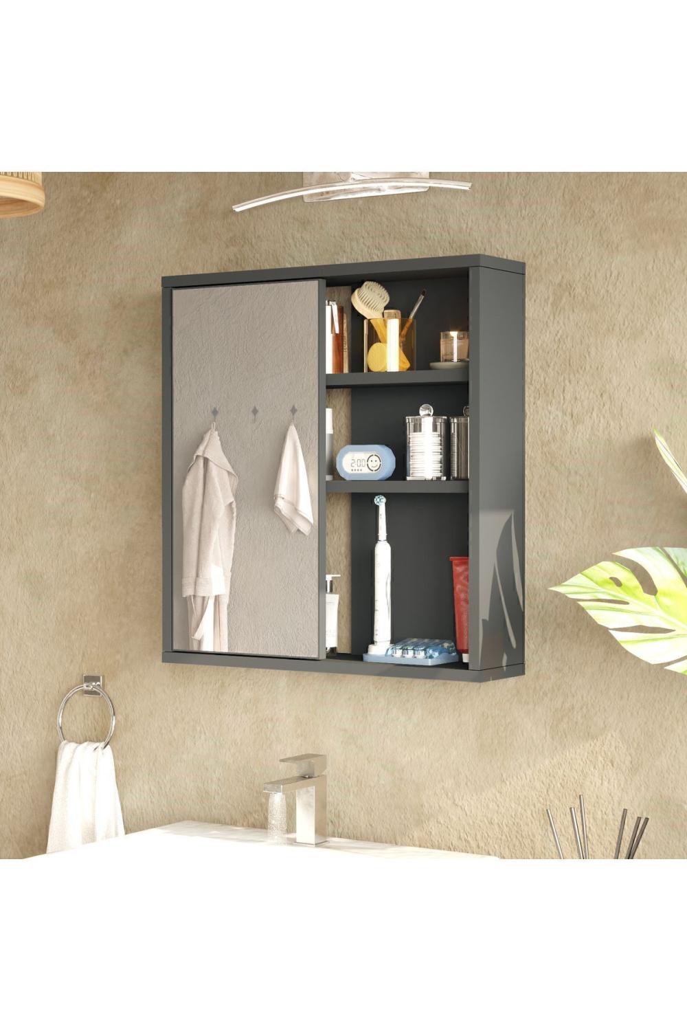 Marble Avec miroir Lavabo Üstü Salle de bain Armoire À étagères Avec portes 60cm Anthracite MAR1-AN