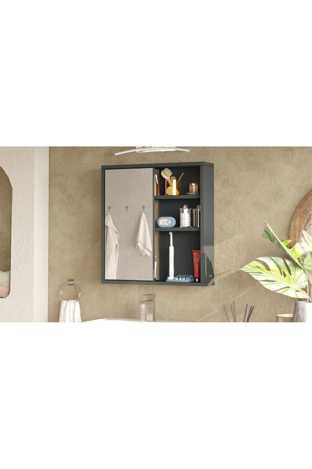 Marble Avec miroir Lavabo Üstü Salle de bain Armoire À étagères Avec portes 60cm Anthracite MAR1-AN