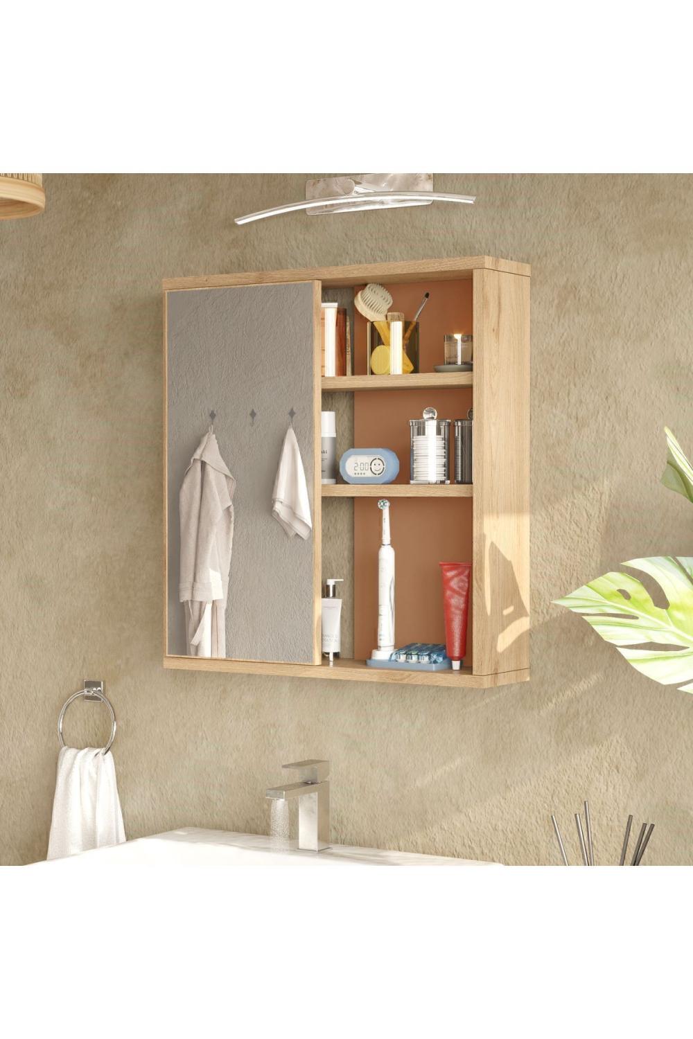 Marble Avec miroir Lavabo Üstü Salle de bain Armoire À étagères Avec portes 60cm Panier-Kiremit MAR1-SK