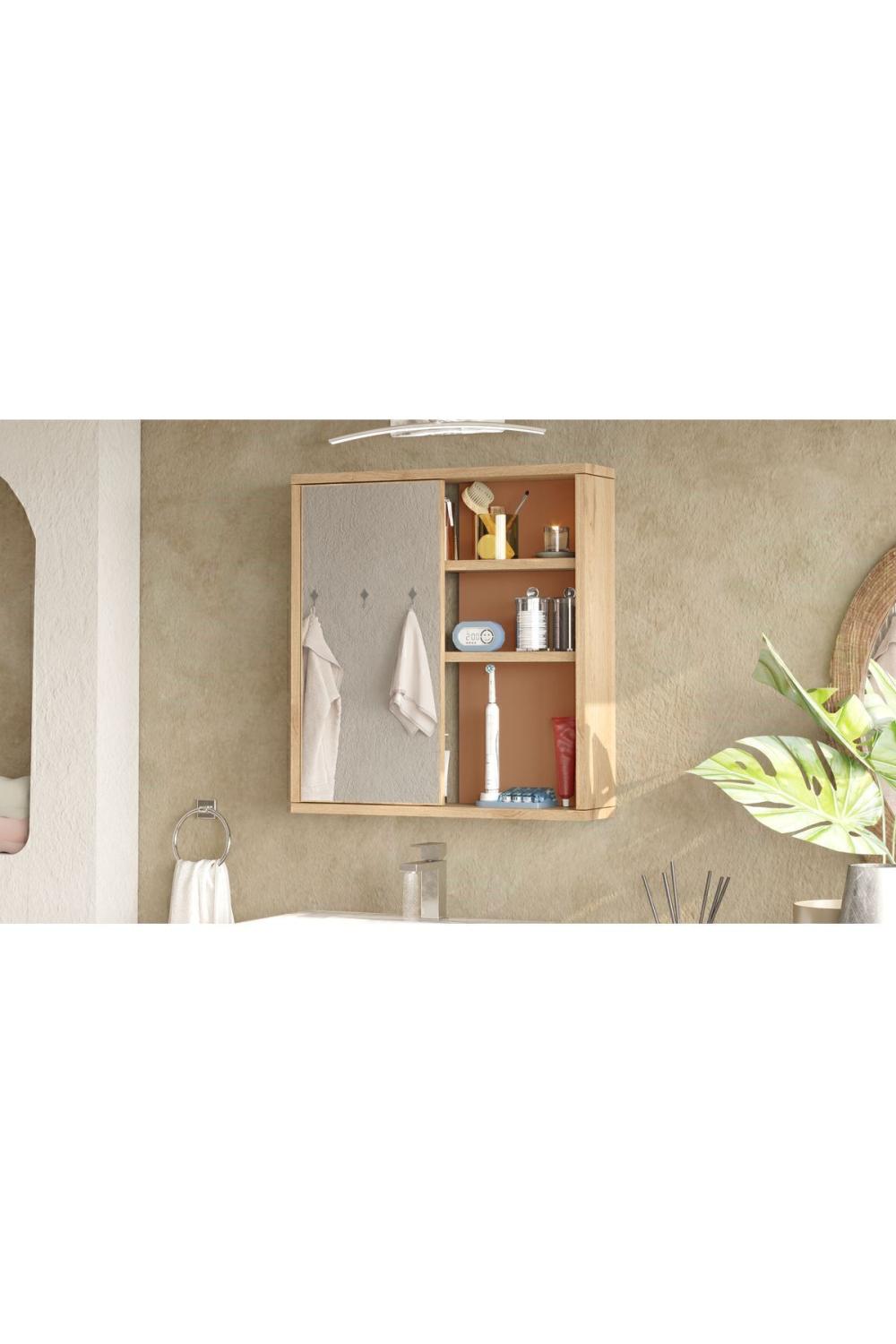 Marble Avec miroir Lavabo Üstü Salle de bain Armoire À étagères Avec portes 60cm Panier-Kiremit MAR1-SK