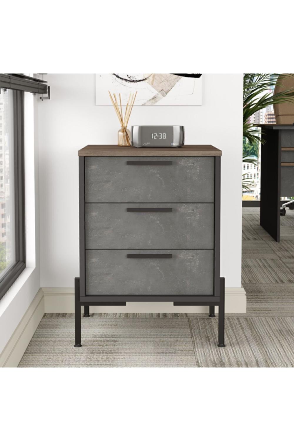 Navaris C Bureau Keson 3 Avec tiroirs Métal Sur pieds Marron-Béton-Anthracite NAV3-cga