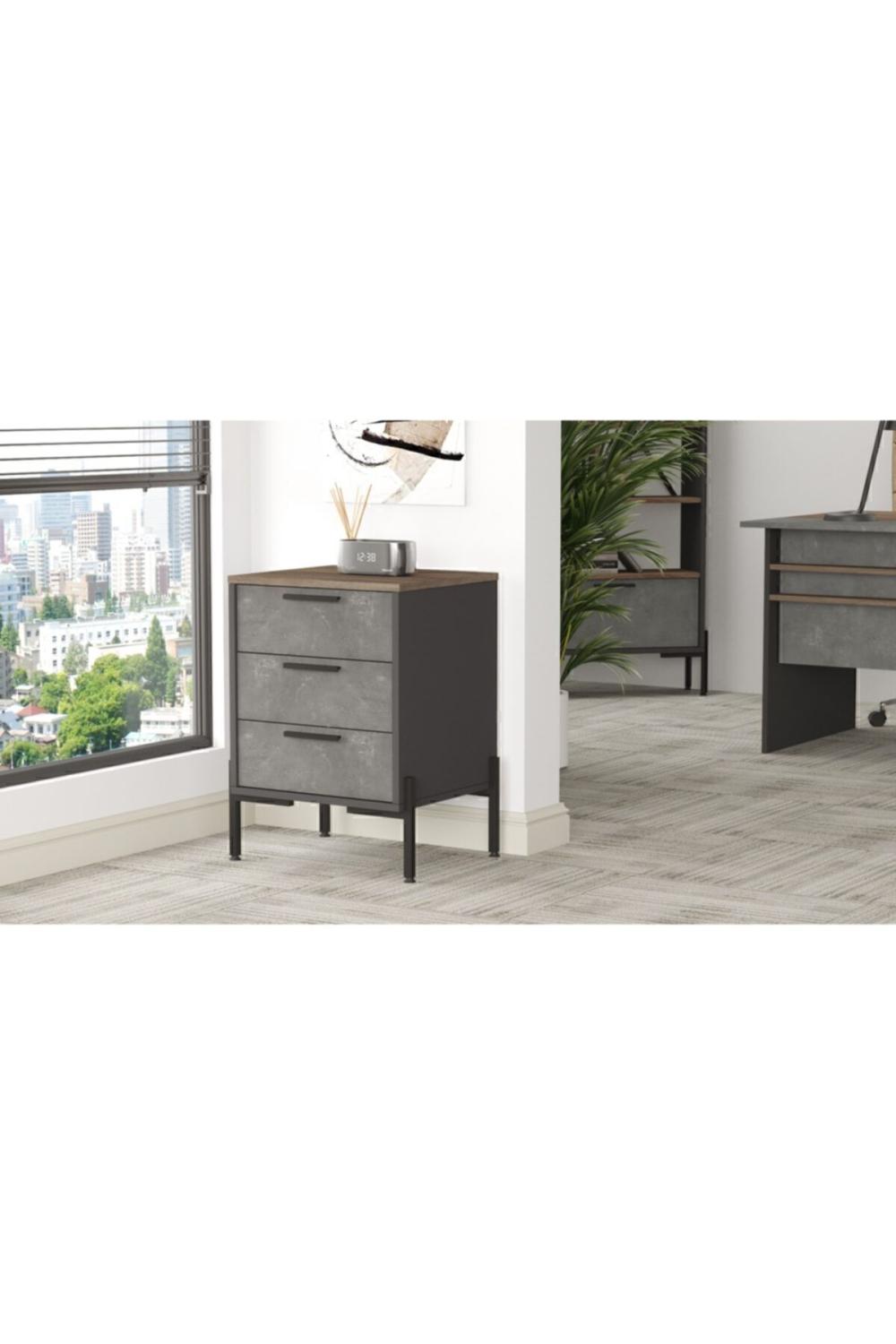 Navaris C Bureau Keson 3 Avec tiroirs Métal Sur pieds Marron-Béton-Anthracite NAV3-cga