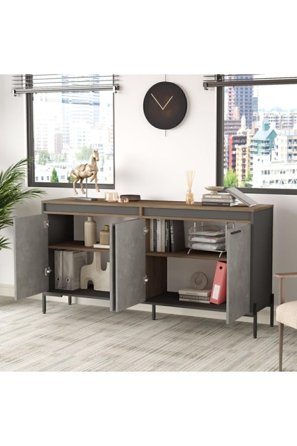 Navaris E Bureau Konsol Klasör Armoire Métal Sur pieds Marron-Béton-Anthracite NAV5-CGA