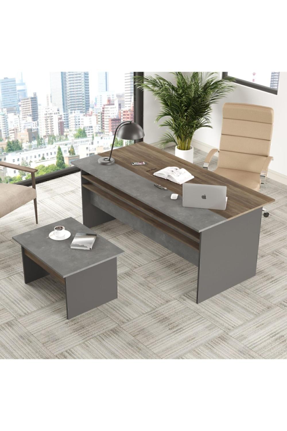 Ensemble Bureau Navaris avec Table d’Appoint – Café, Béton & Anthracite NAV6-CGA
