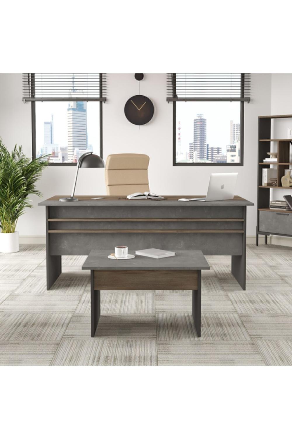 Ensemble Bureau Navaris avec Table d’Appoint – Café, Béton & Anthracite NAV6-CGA