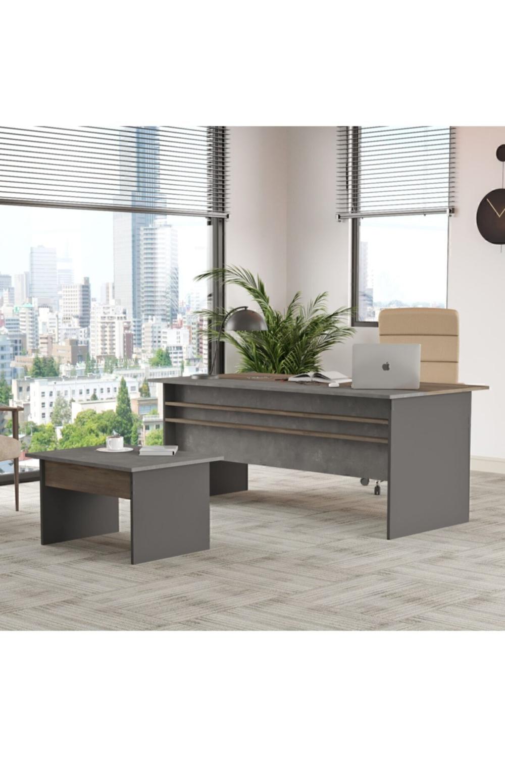 Ensemble Bureau Navaris avec Table d’Appoint – Café, Béton & Anthracite NAV6-CGA