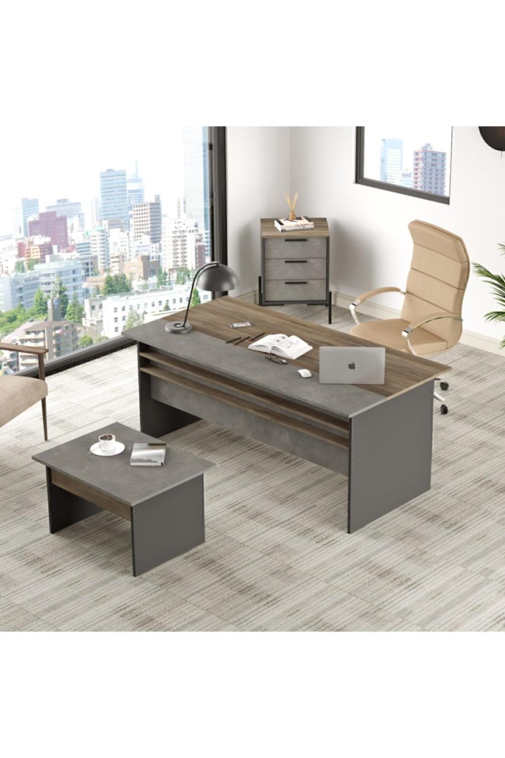 Navaris Abc Bureau Bureau Table Ensemble Marron Béton Anthracite NAV7-CGA